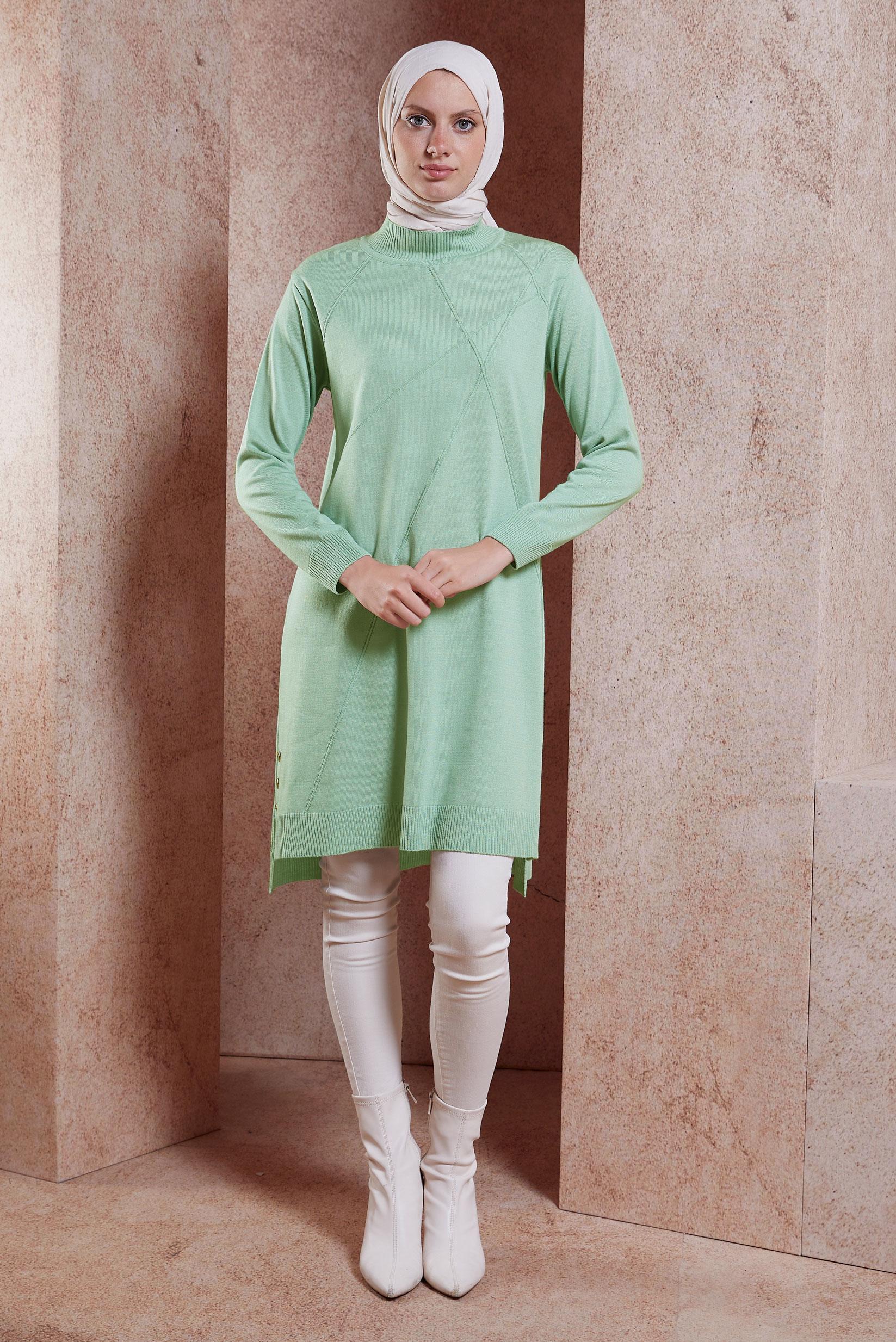 Tesettür giyim YEŞİL BOĞAZLI YAKA TRİKO TUNİK 44009