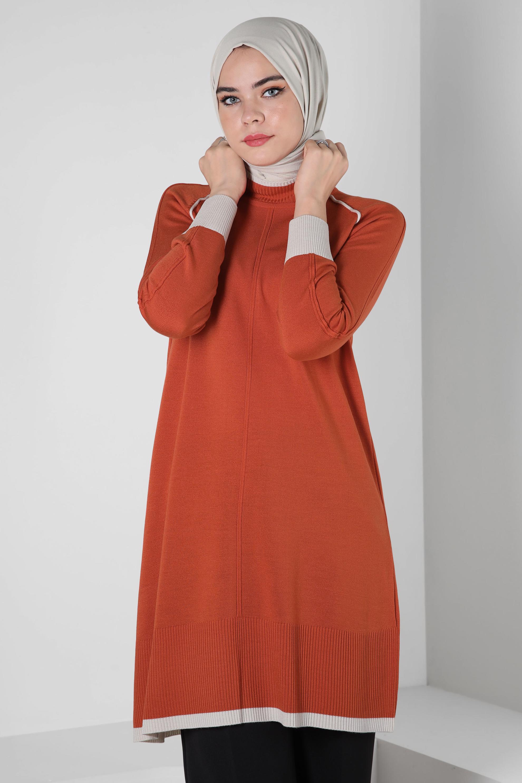 Tesettür giyim TURUNCU BOĞAZLI YAKA TRİKO TUNİK 44010