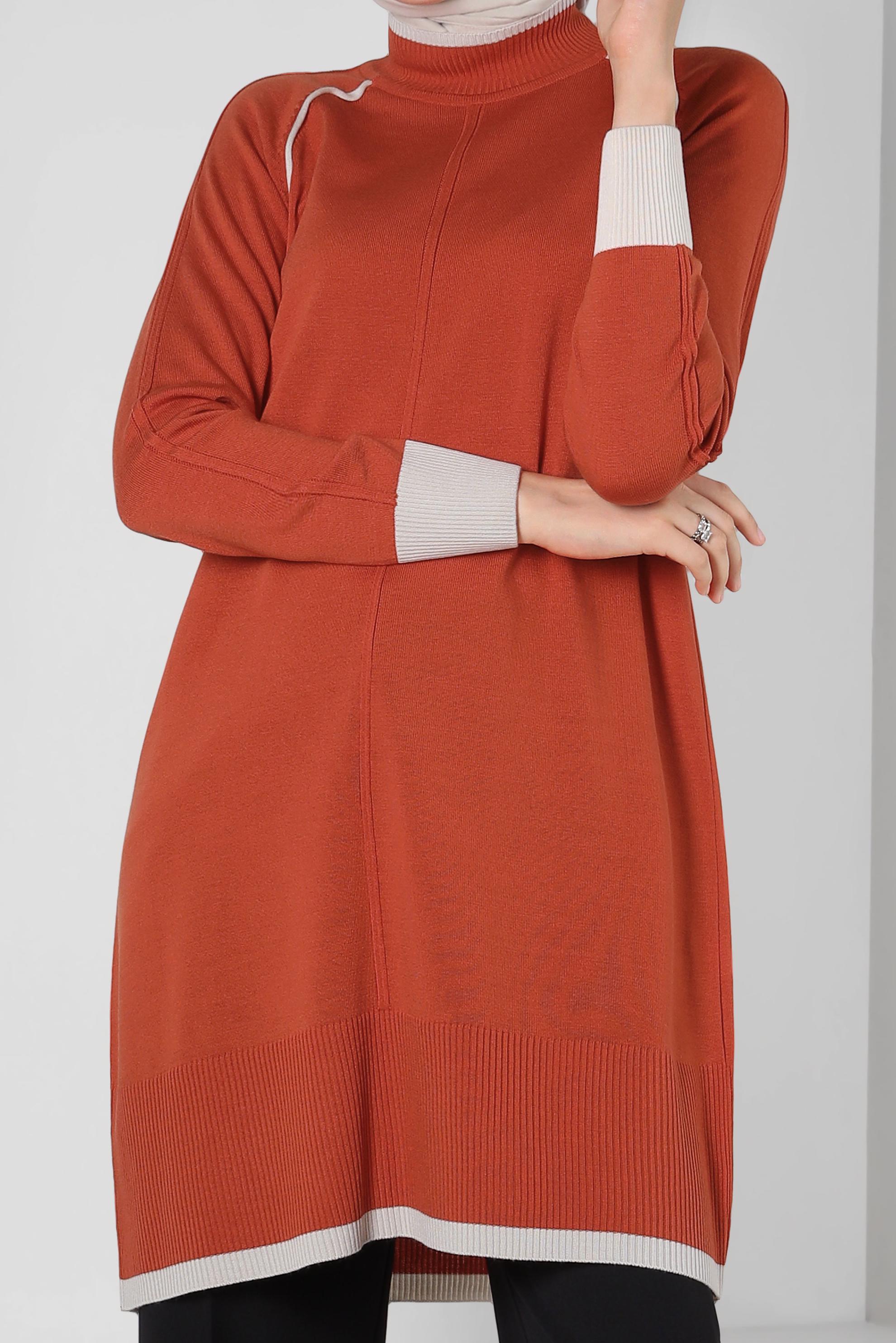 Tesettür giyim TURUNCU BOĞAZLI YAKA TRİKO TUNİK 44010