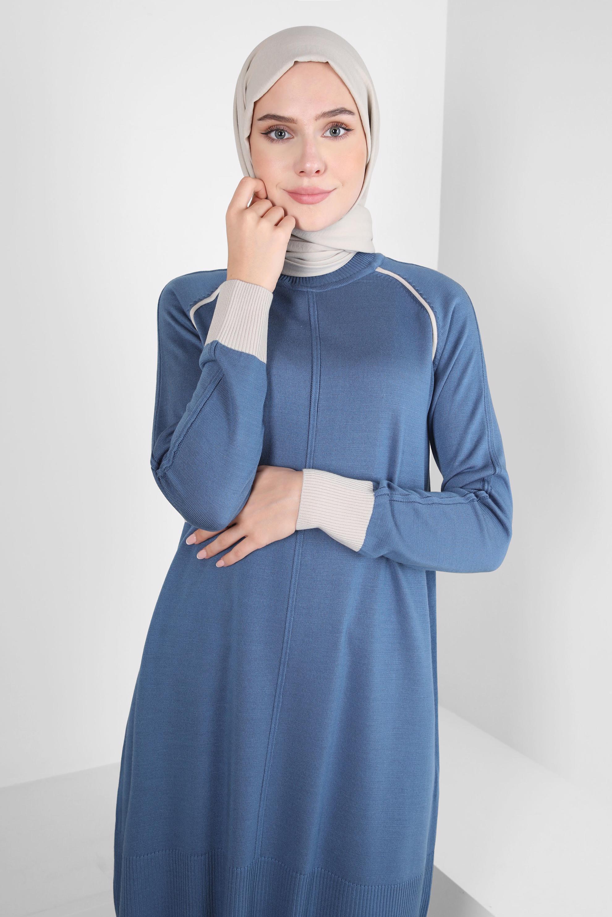 Tesettür giyim MAVİ BOĞAZLI YAKA TRİKO TUNİK 44010