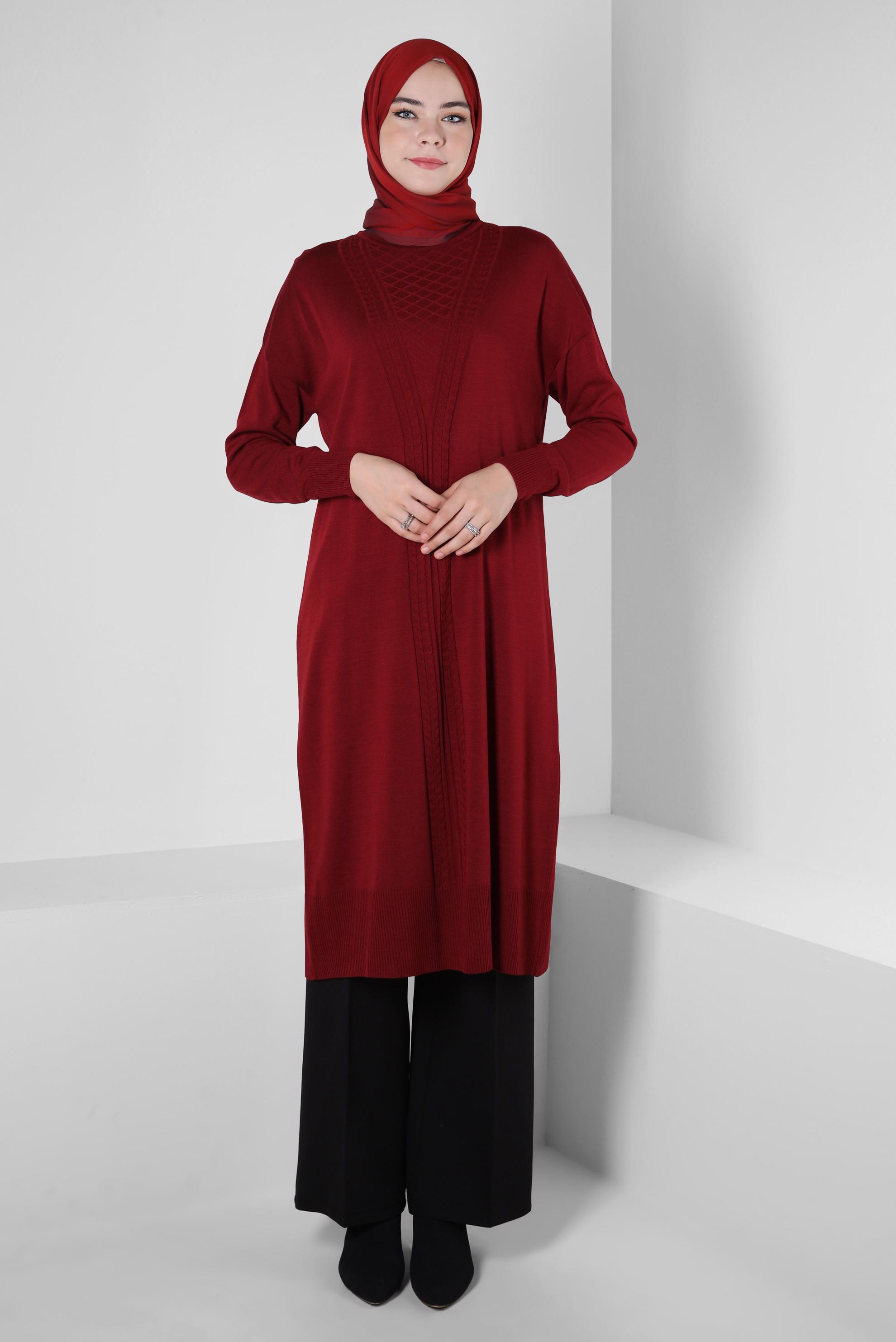 Tesettür giyim BORDO BOĞAZLI YAKA TRİKO TUNİK 44011