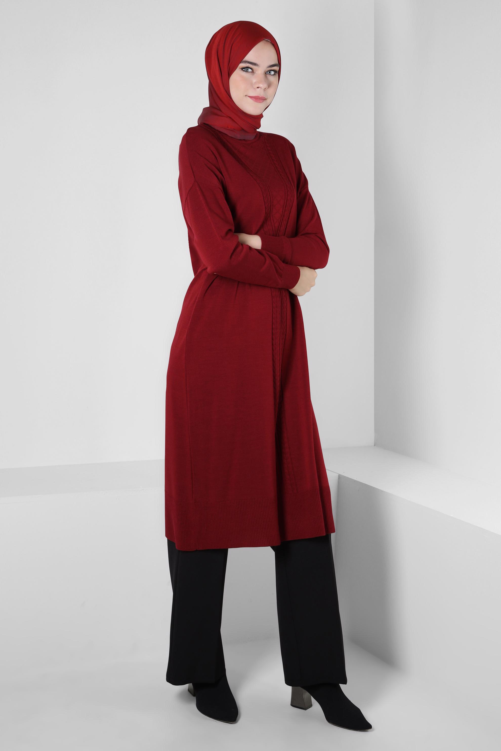 Tesettür giyim BORDO BOĞAZLI YAKA TRİKO TUNİK 44011