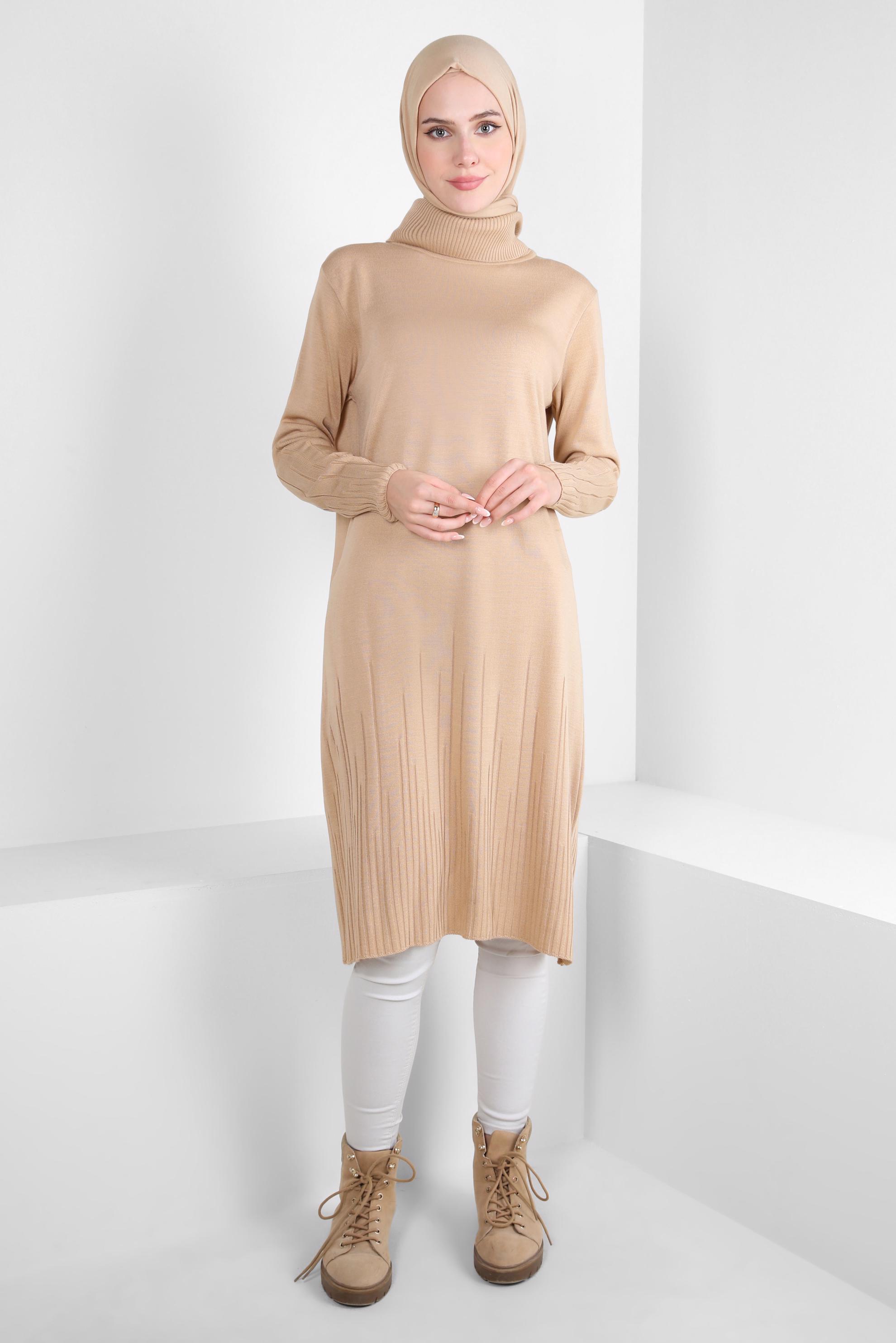 Tesettür giyim BEJ BOĞAZLI YAKA TRİKO TUNİK 44012
