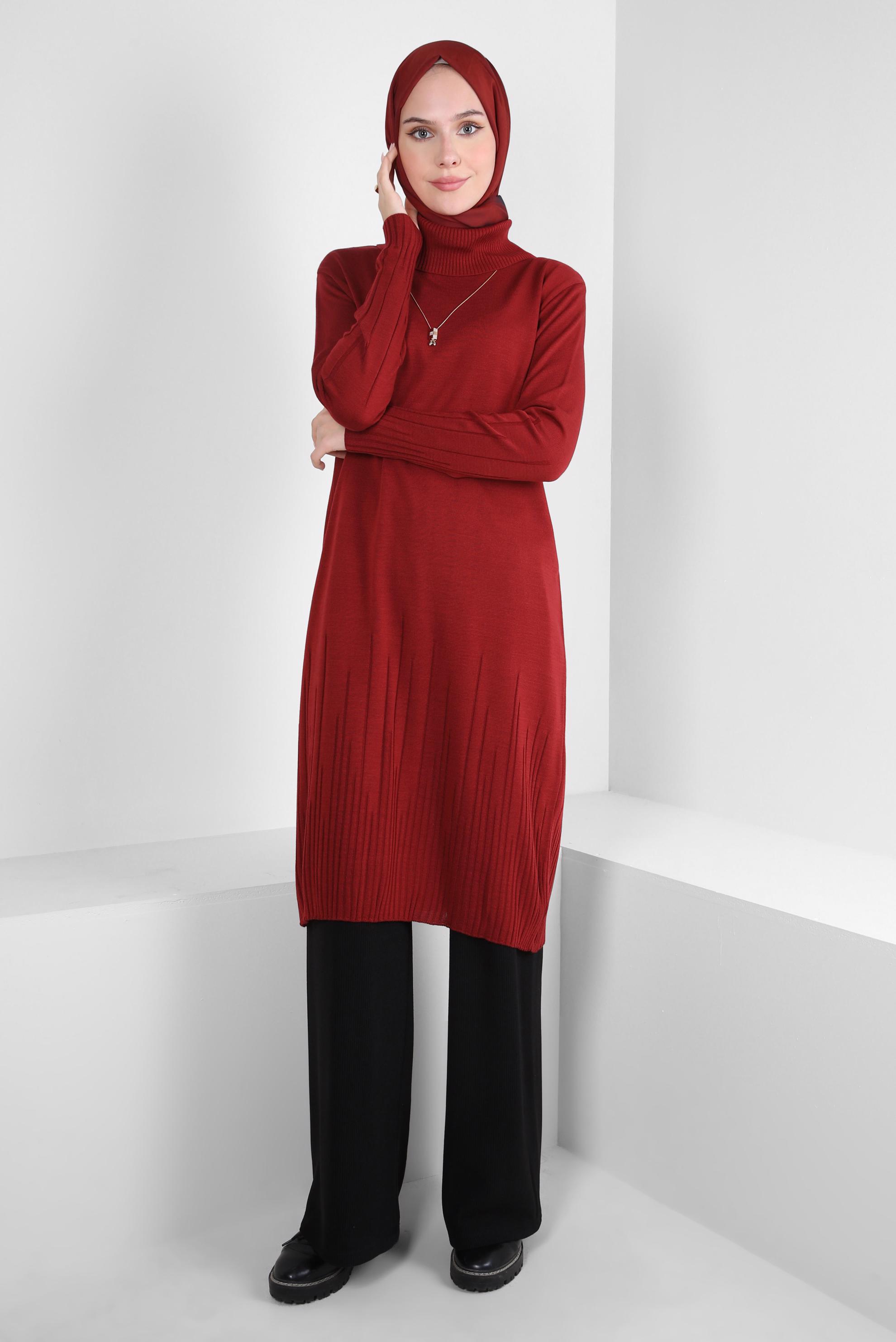 Tesettür giyim BORDO BOĞAZLI YAKA TRİKO TUNİK 44012