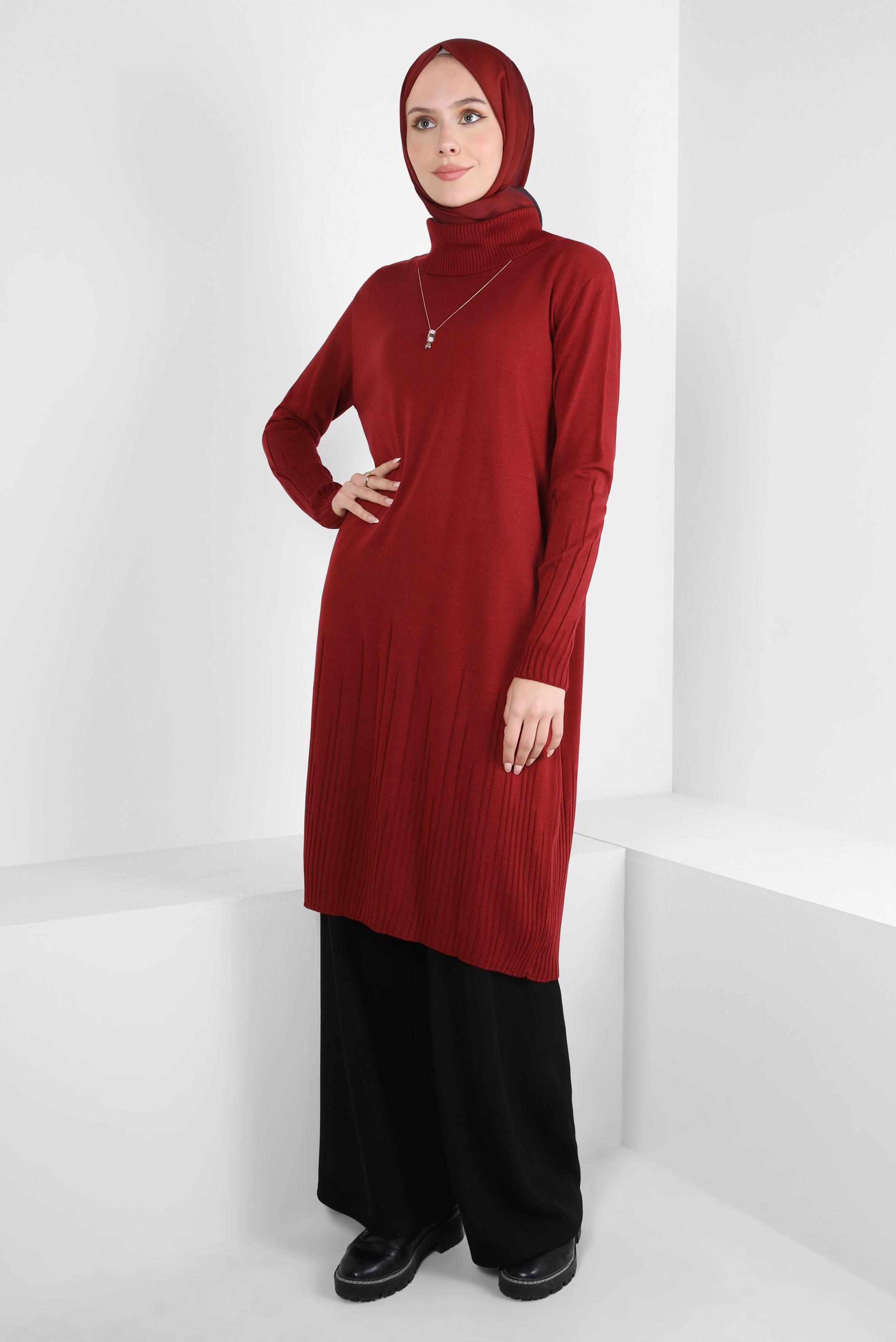 Tesettür giyim BORDO BOĞAZLI YAKA TRİKO TUNİK 44012