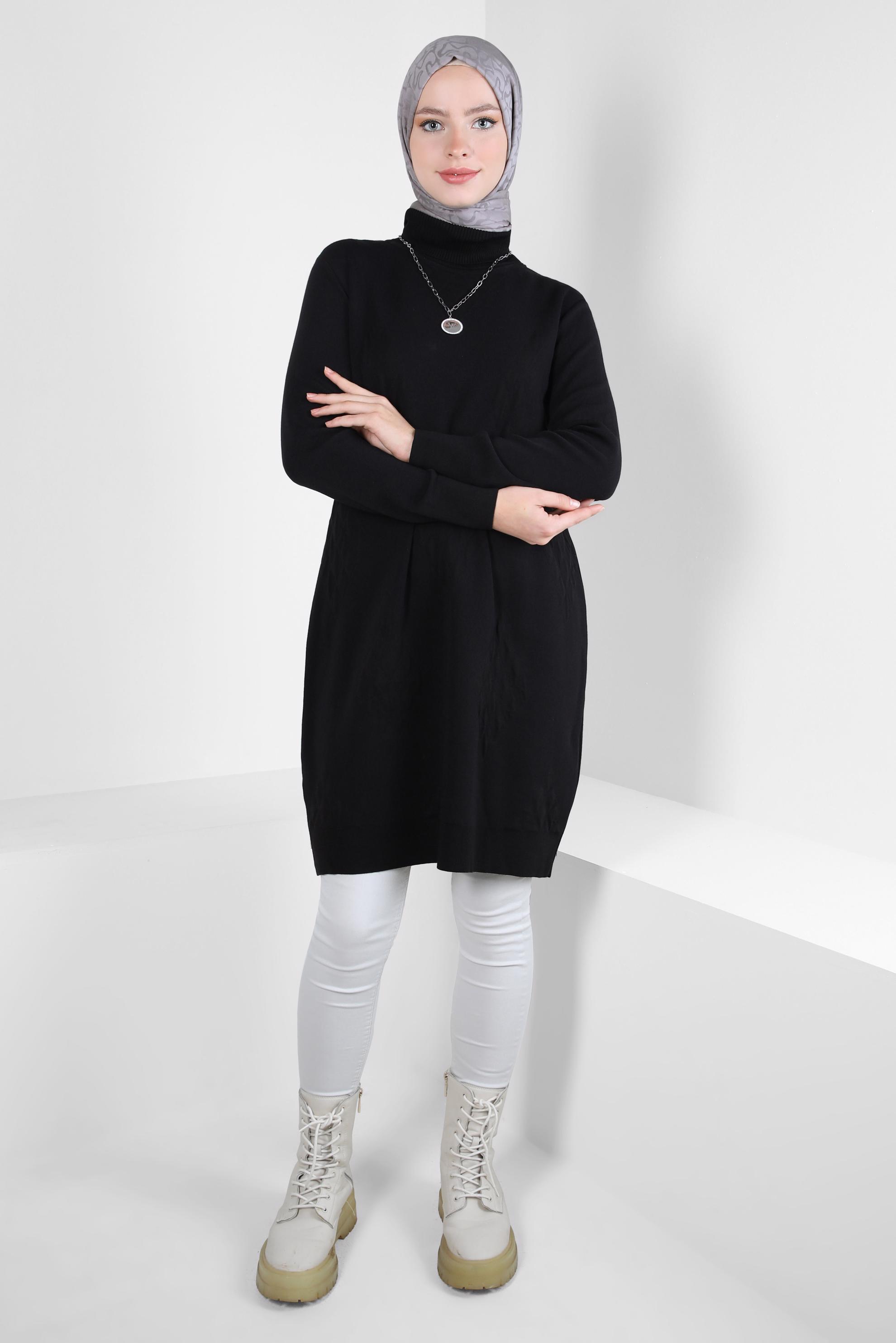Tesettür giyim SİYAH BOĞAZLI YAKA TRİKO TUNİK 44013