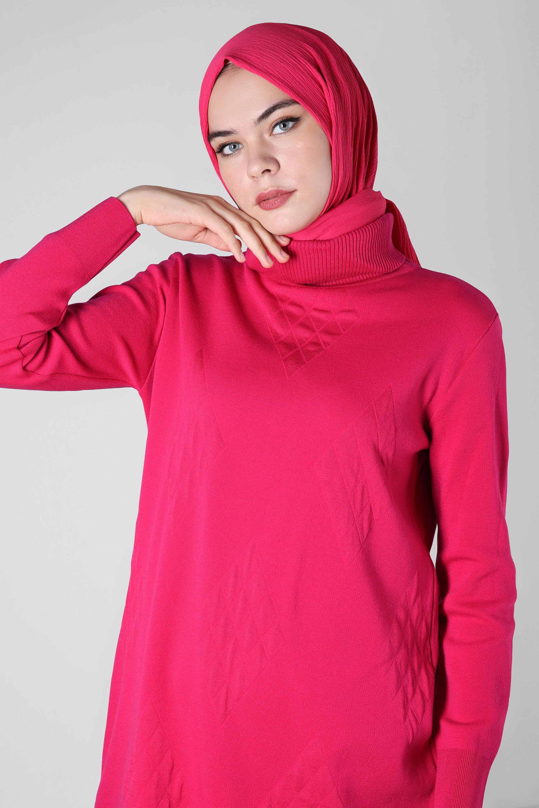 Tesettür giyim FUŞYA BOĞAZLI YAKA TRİKO TUNİK 44013
