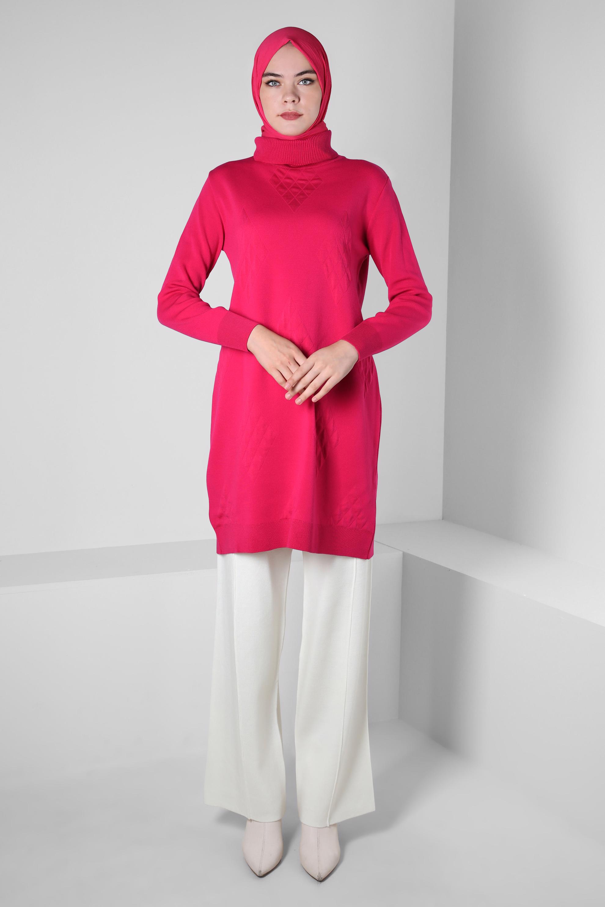 Tesettür giyim FUŞYA BOĞAZLI YAKA TRİKO TUNİK 44013