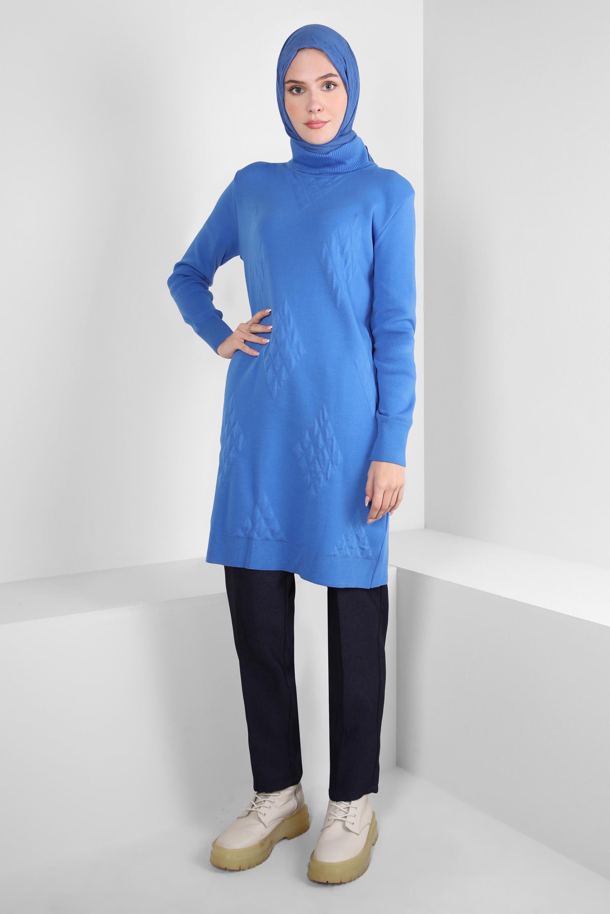 Tesettür giyim MAVİ BOĞAZLI YAKA TRİKO TUNİK 44013