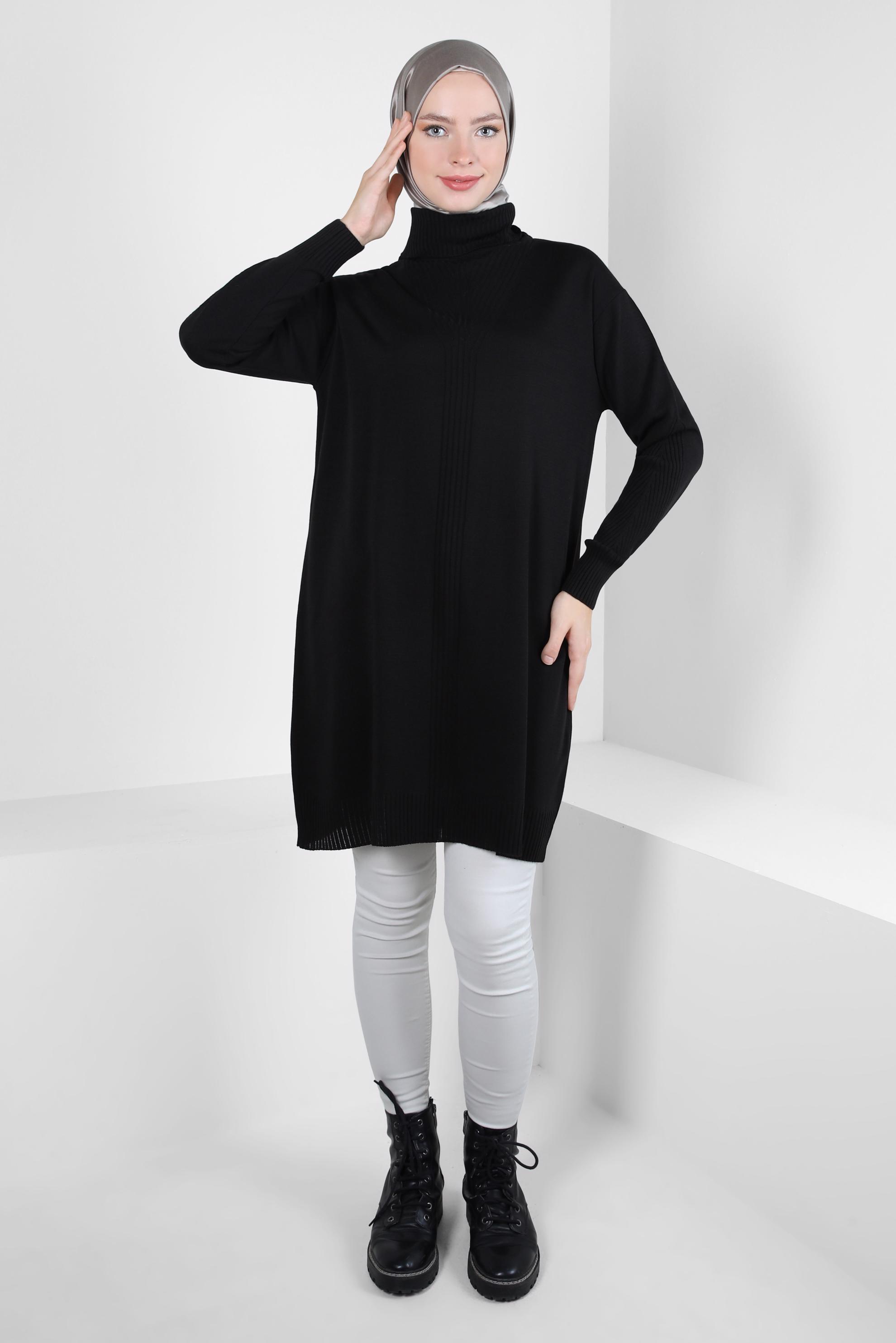 Tesettür giyim SİYAH BOĞAZLI YAKA TRİKO TUNİK 44014
