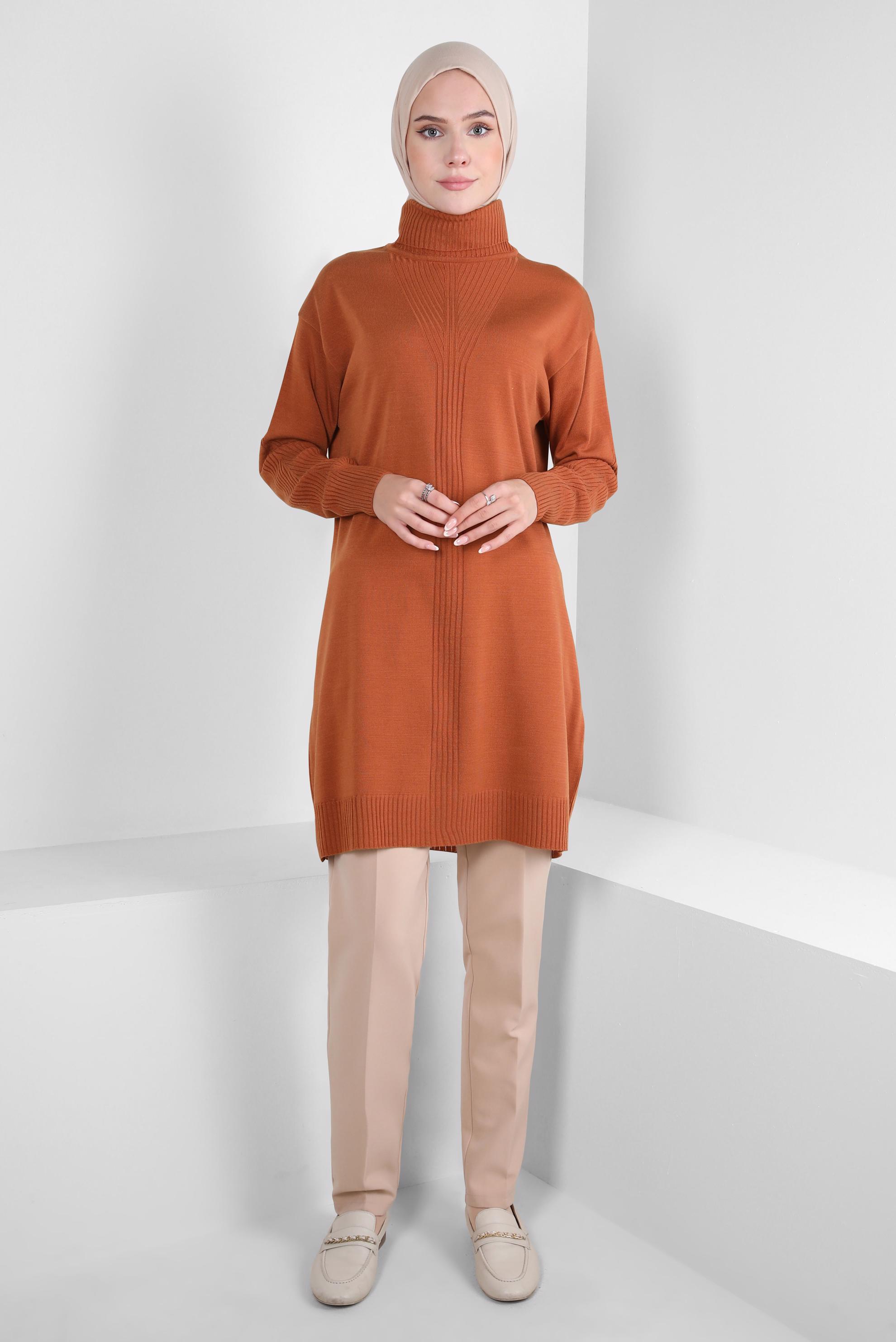 Tesettür giyim TURUNCU BOĞAZLI YAKA TRİKO TUNİK 44014