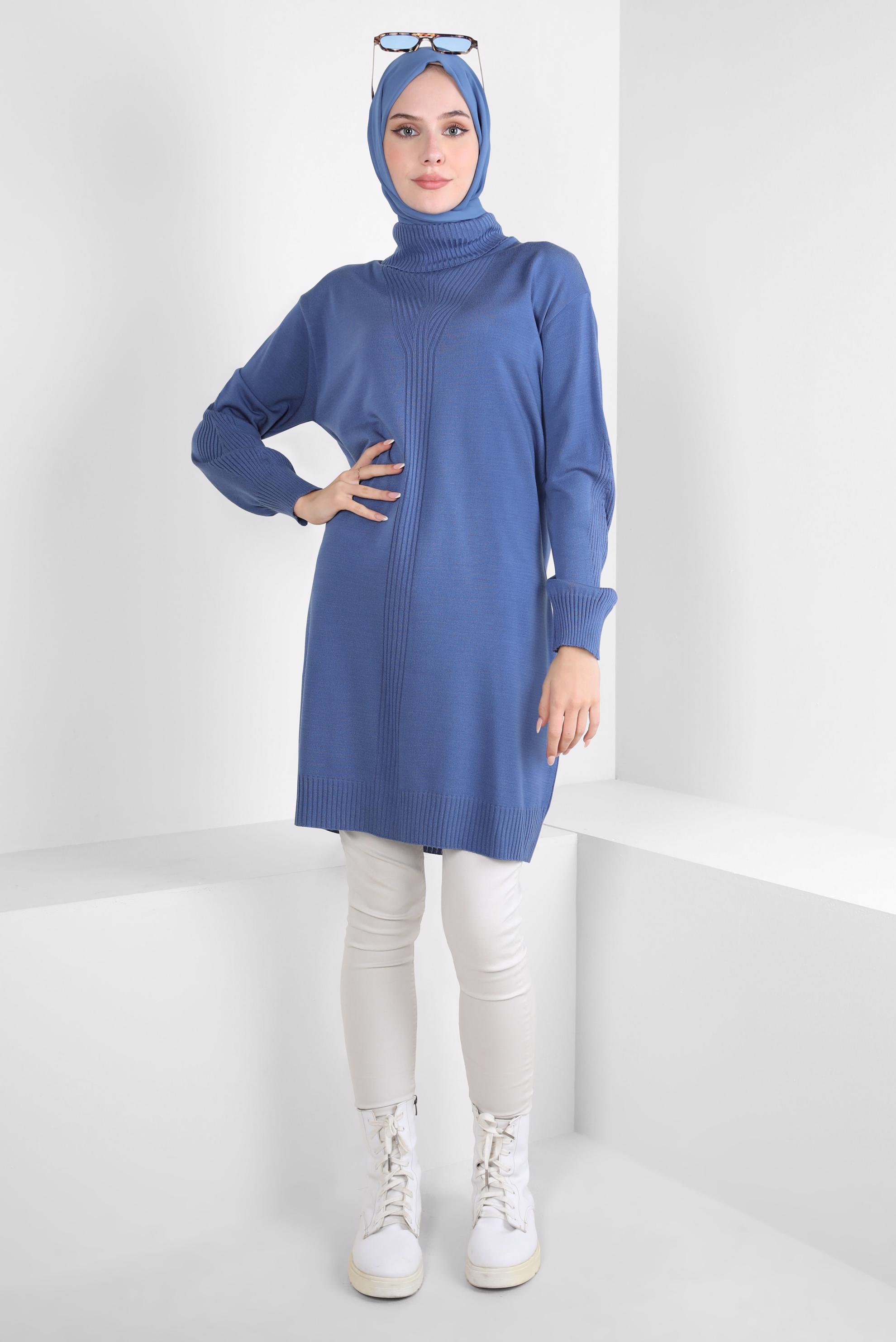 Tesettür giyim MAVİ BOĞAZLI YAKA TRİKO TUNİK 44014