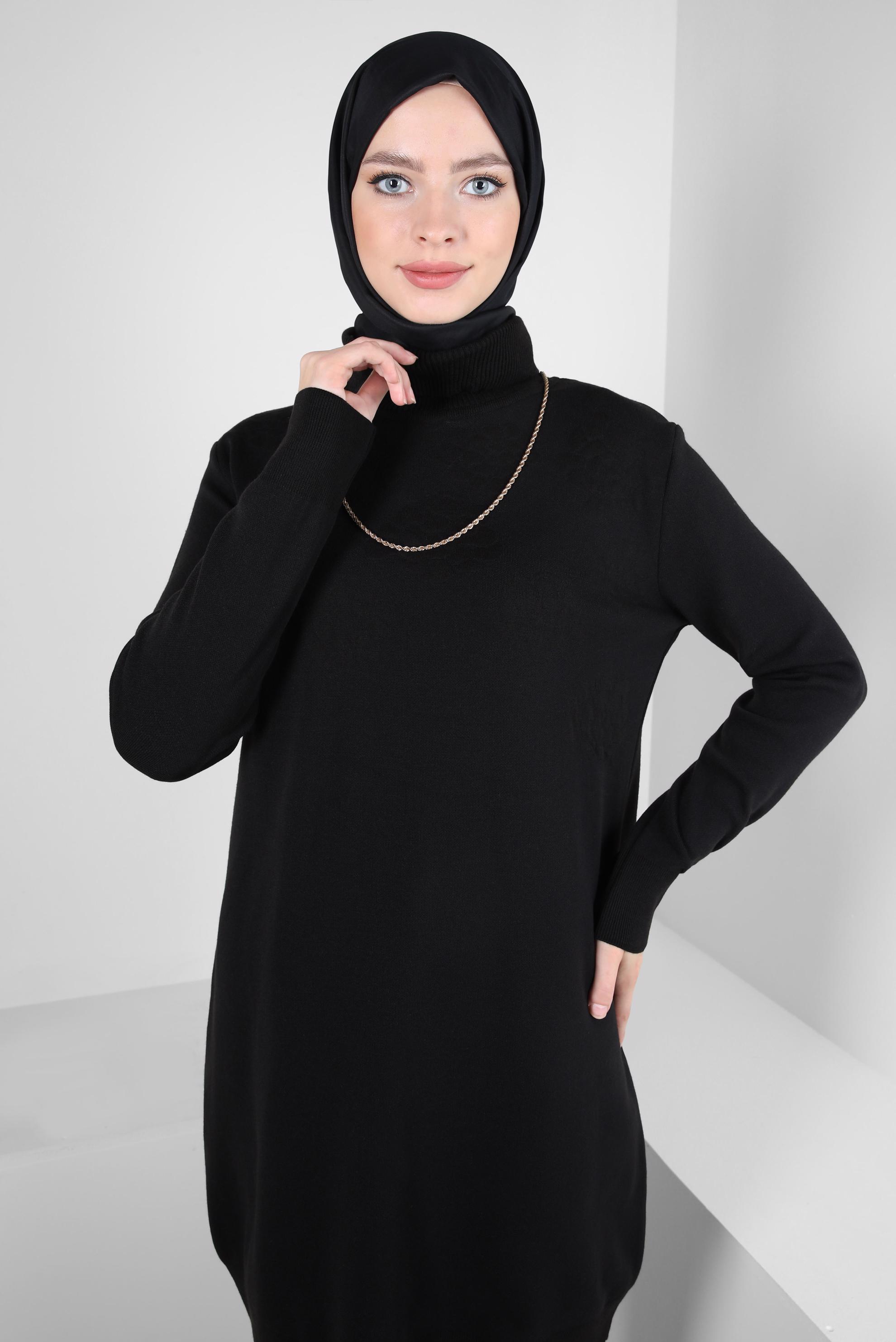 Tesettür giyim SİYAH BOĞAZLI YAKA TRİKO TUNİK 44015