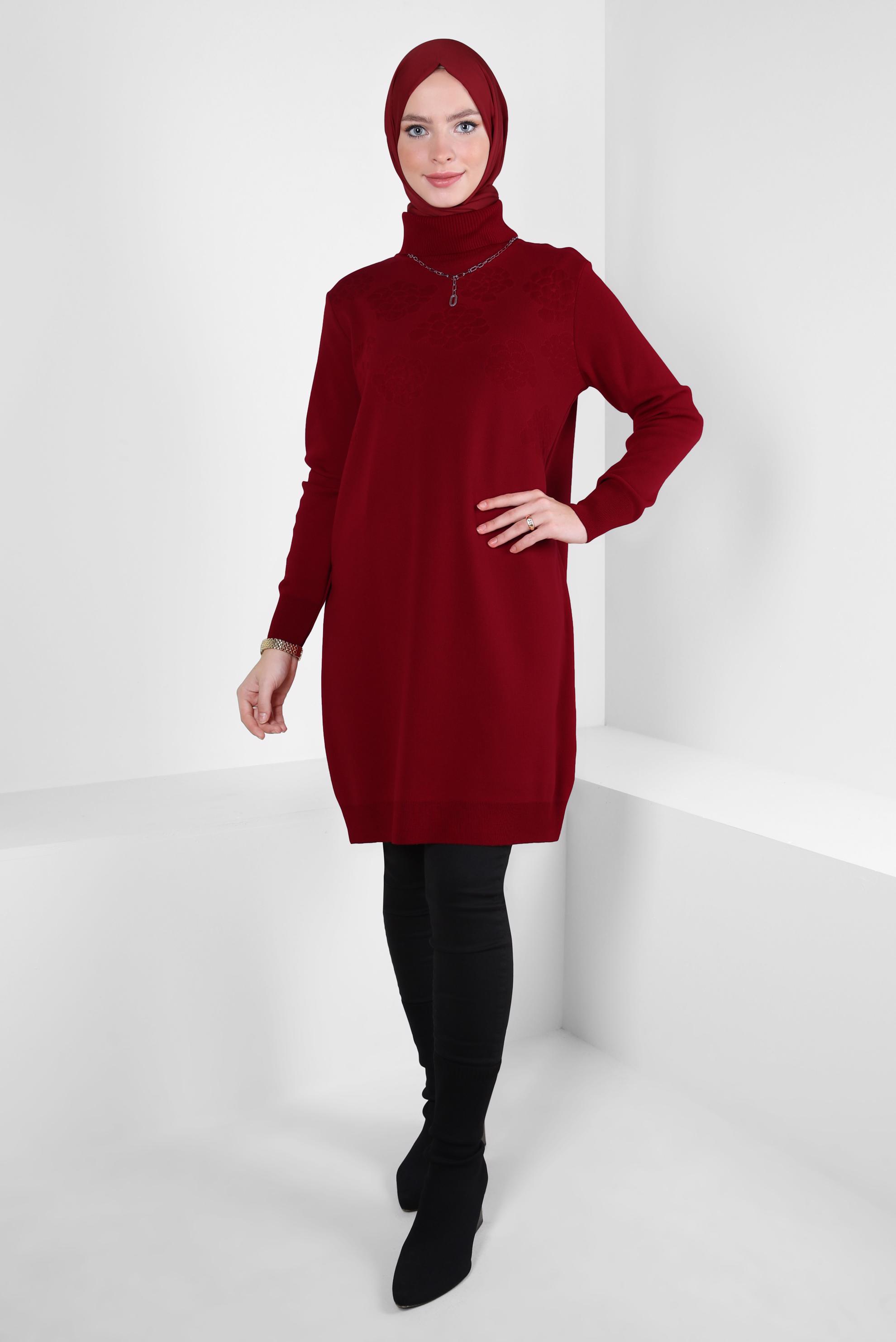 Tesettür giyim KIRMIZI BOĞAZLI YAKA TRİKO TUNİK 44015