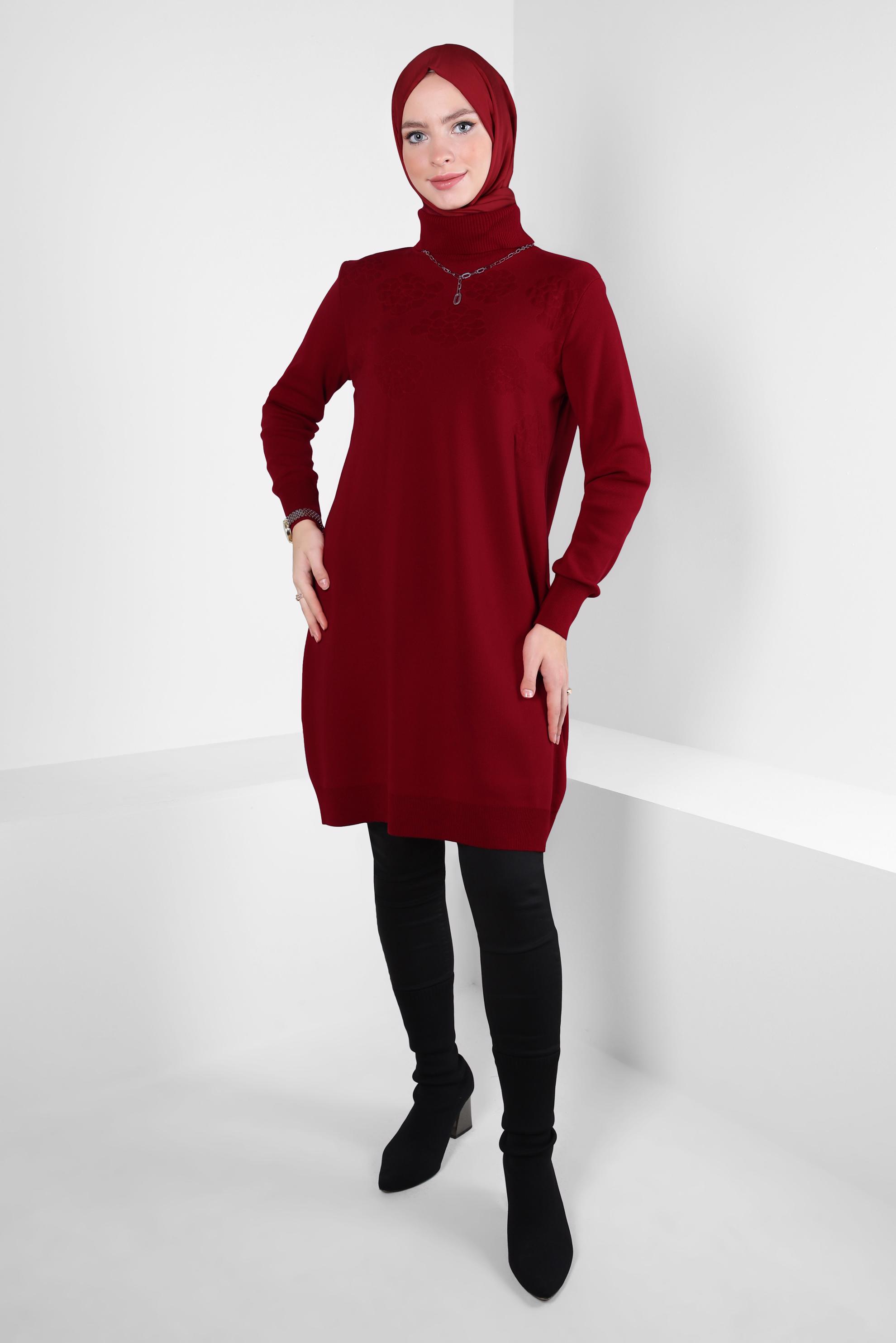 Tesettür giyim KIRMIZI BOĞAZLI YAKA TRİKO TUNİK 44015