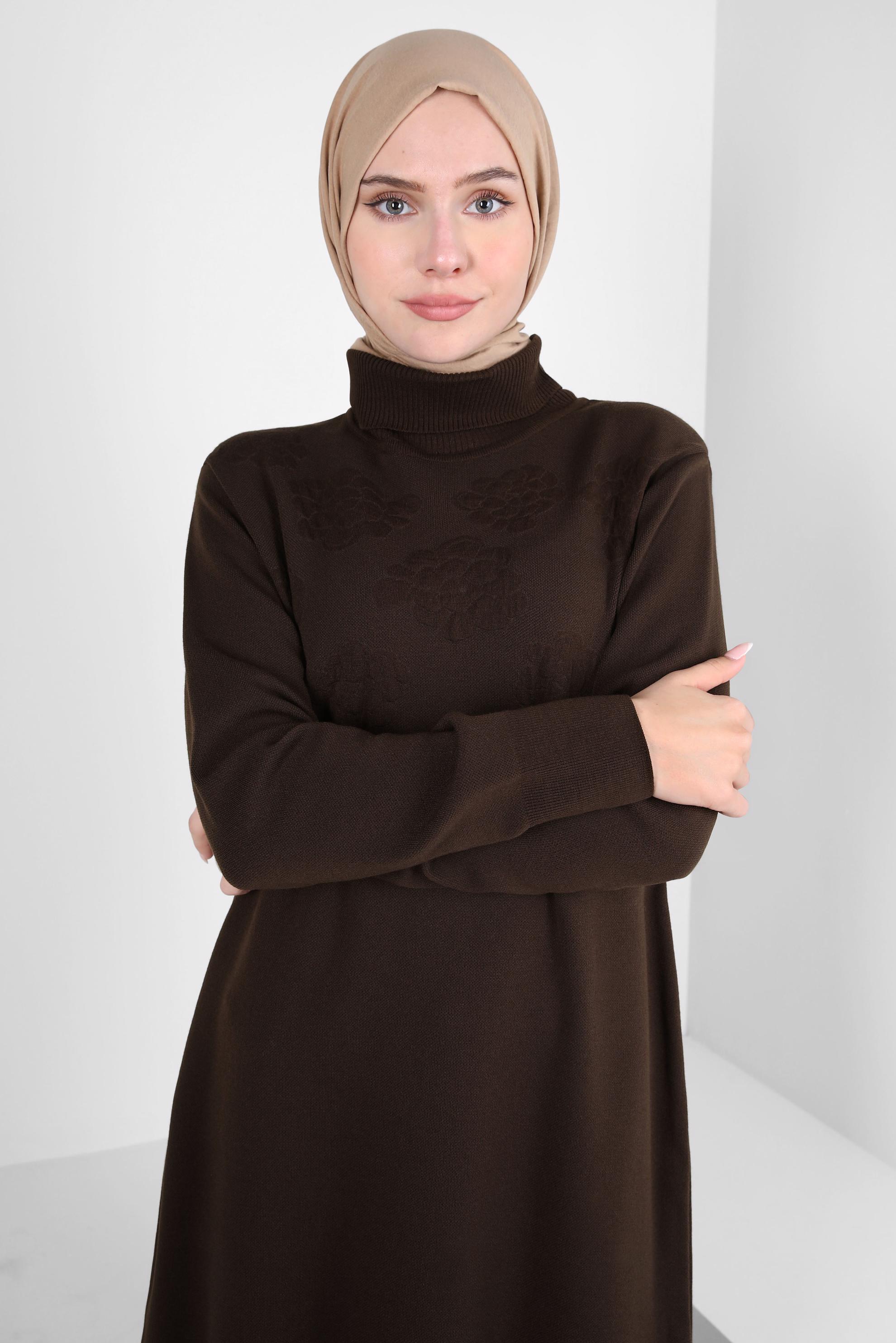 Tesettür giyim KAHVE BOĞAZLI YAKA TRİKO TUNİK 44015