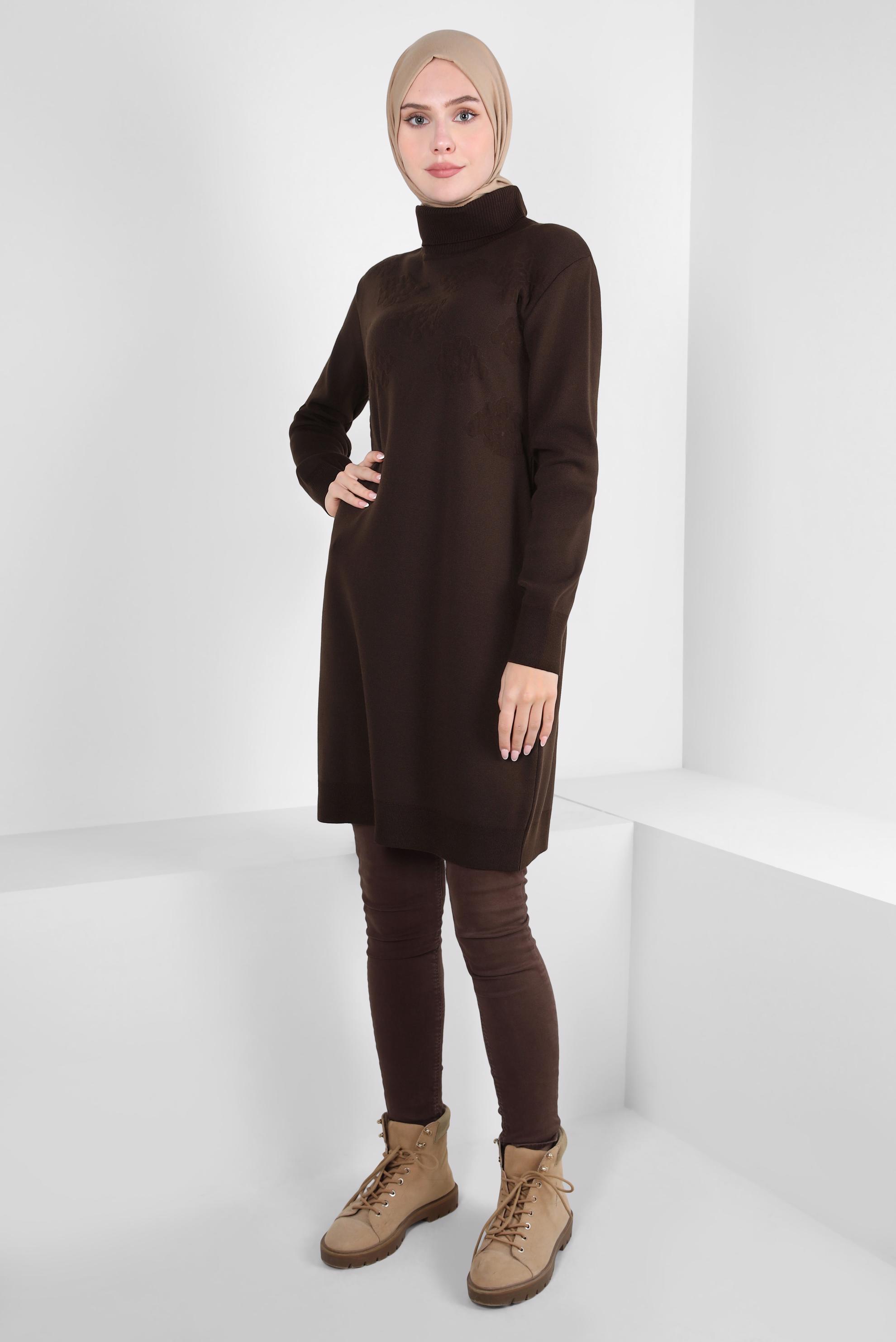 Tesettür giyim KAHVE BOĞAZLI YAKA TRİKO TUNİK 44015