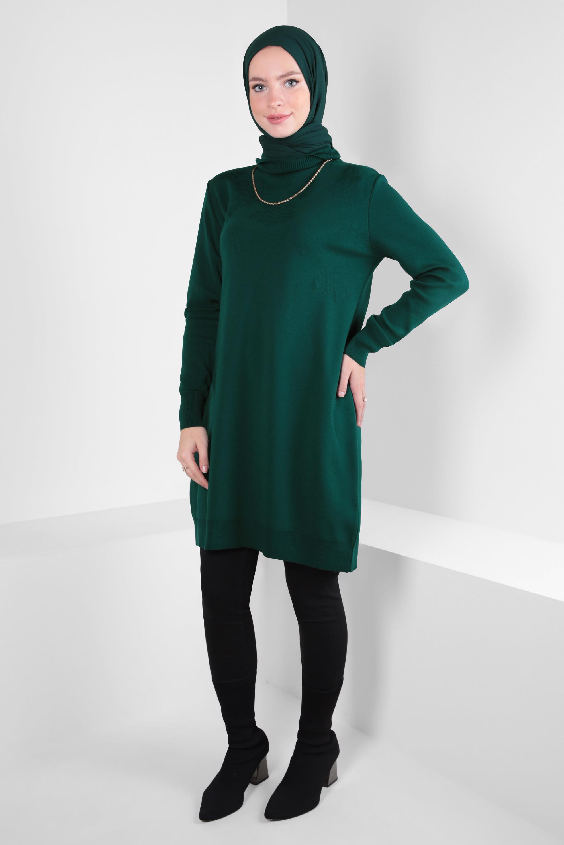 Tesettür giyim YEŞİL BOĞAZLI YAKA TRİKO TUNİK 44015