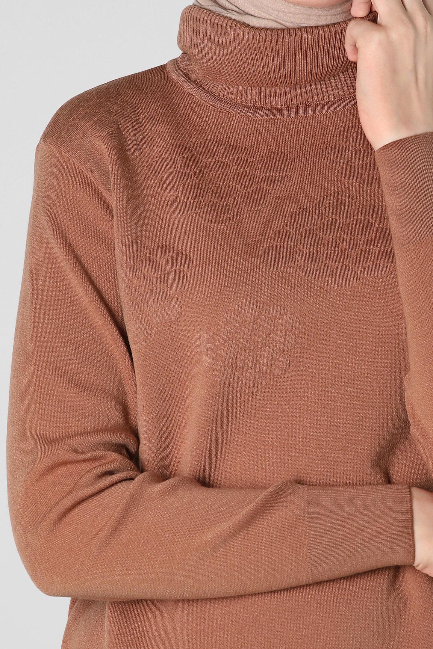 Tesettür giyim KAHVE BOĞAZLI YAKA TRİKO TUNİK 44015