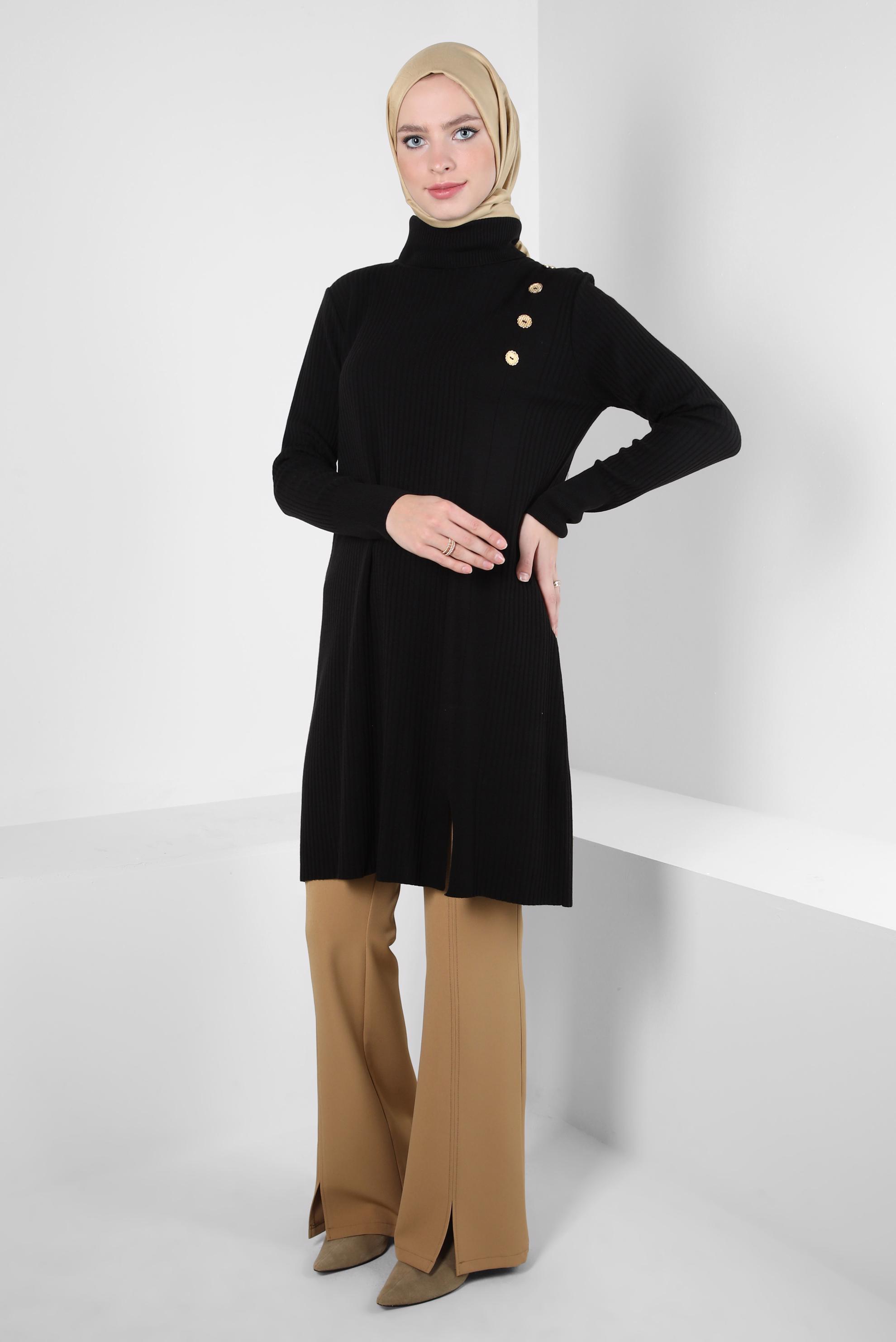 Tesettür giyim SİYAH BOĞAZLI YAKA TRİKO TUNİK 44017