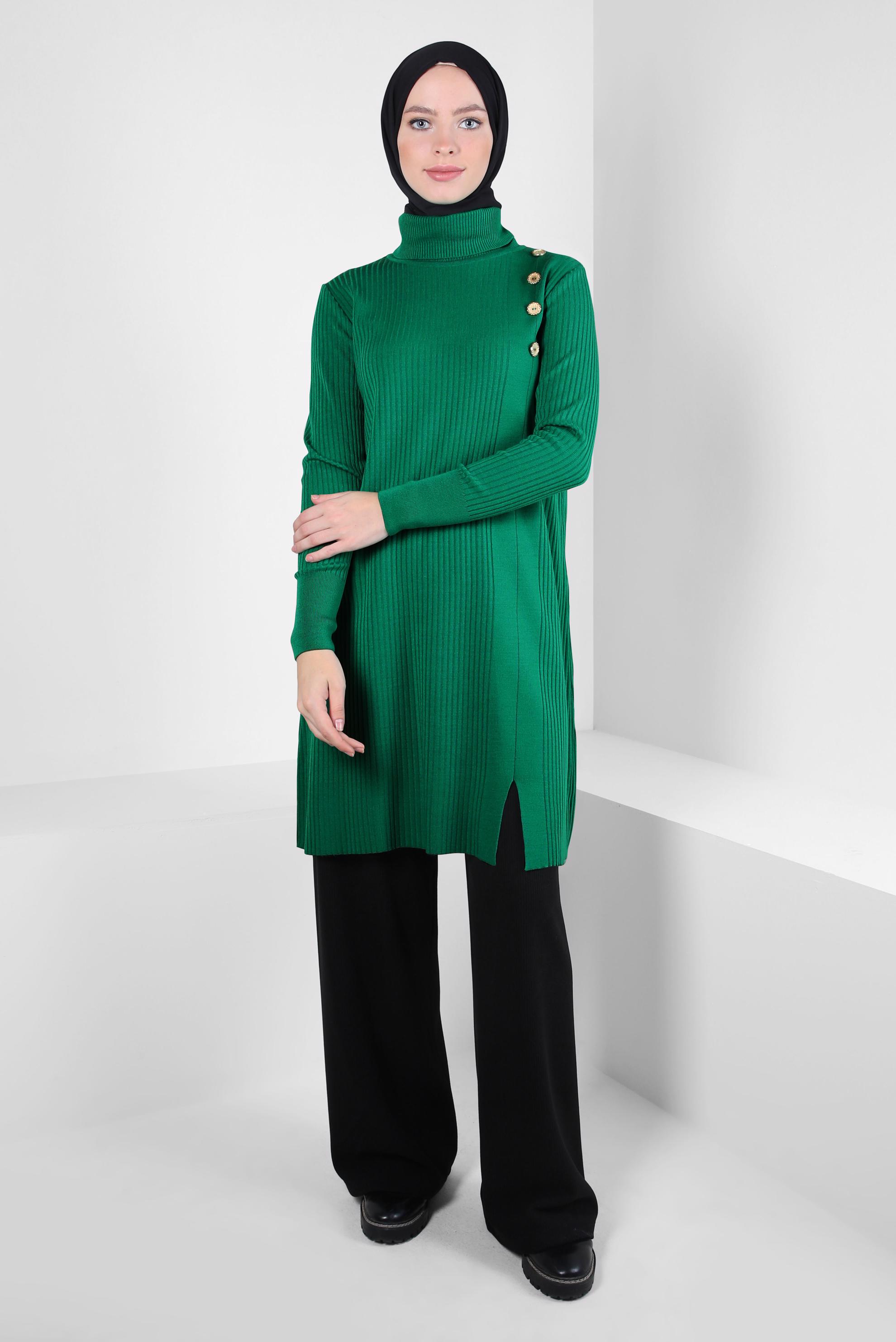 Tesettür giyim YEŞİL BOĞAZLI YAKA TRİKO TUNİK 44017