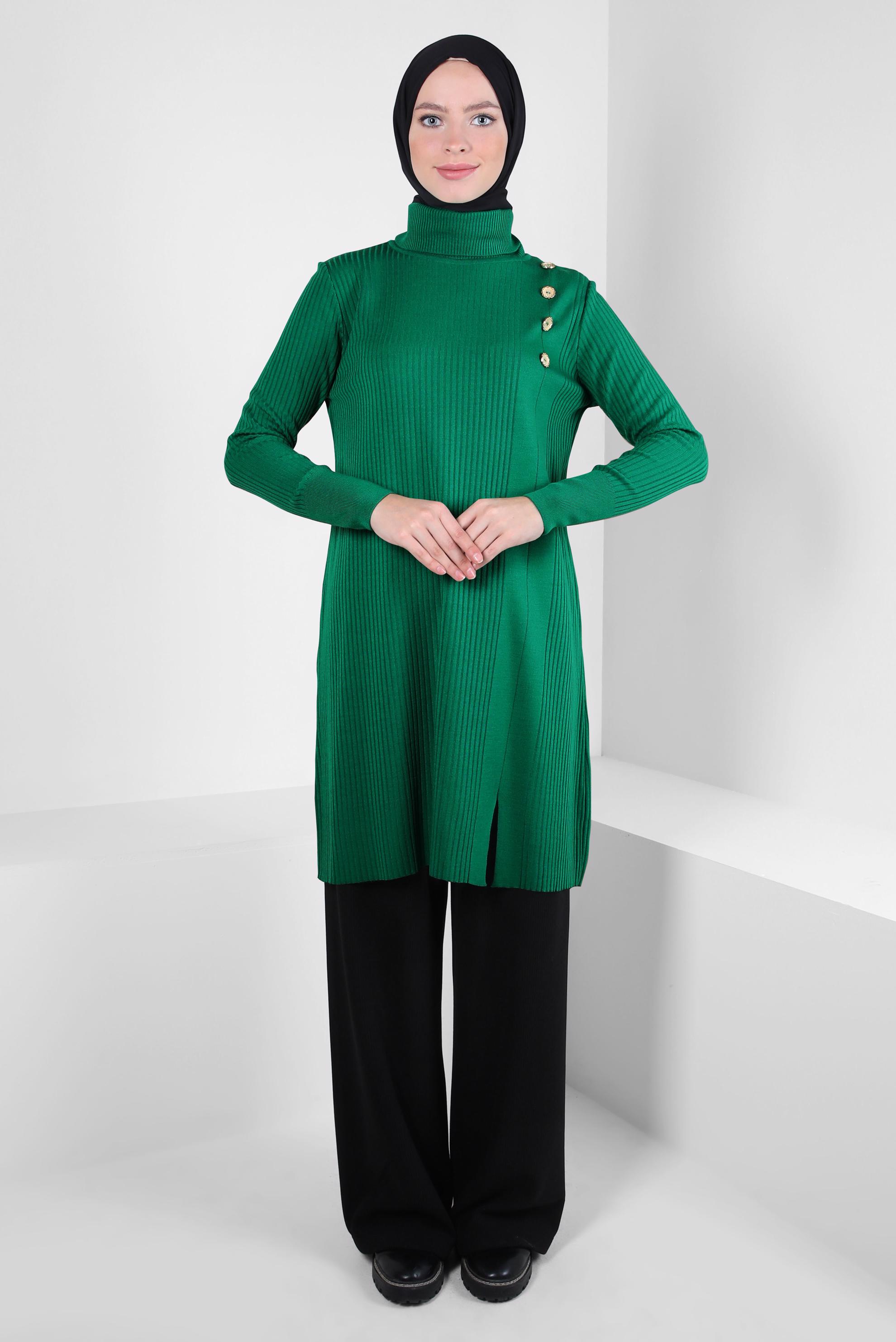 Tesettür giyim YEŞİL BOĞAZLI YAKA TRİKO TUNİK 44017