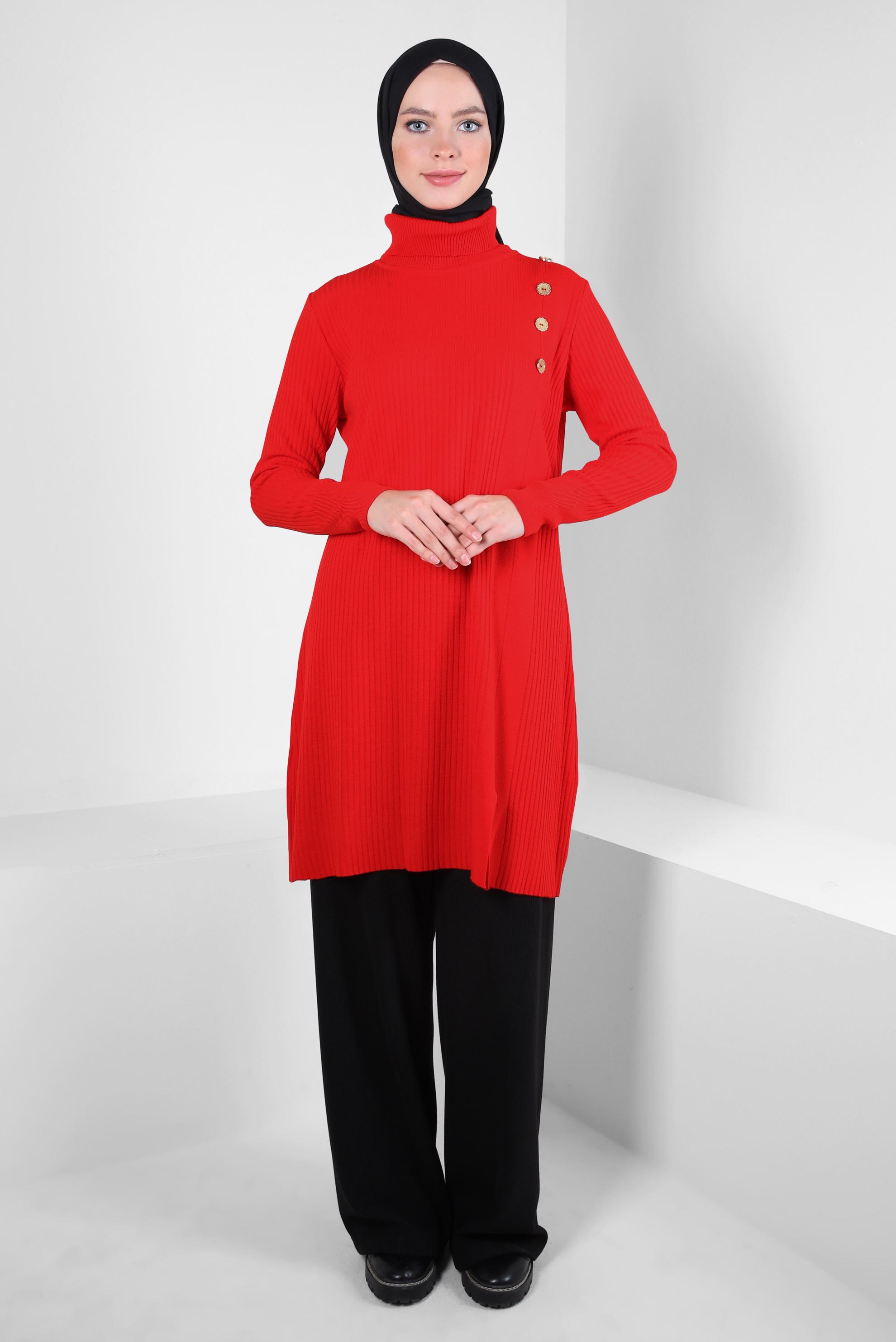 Tesettür giyim KIRMIZI BOĞAZLI YAKA TRİKO TUNİK 44017