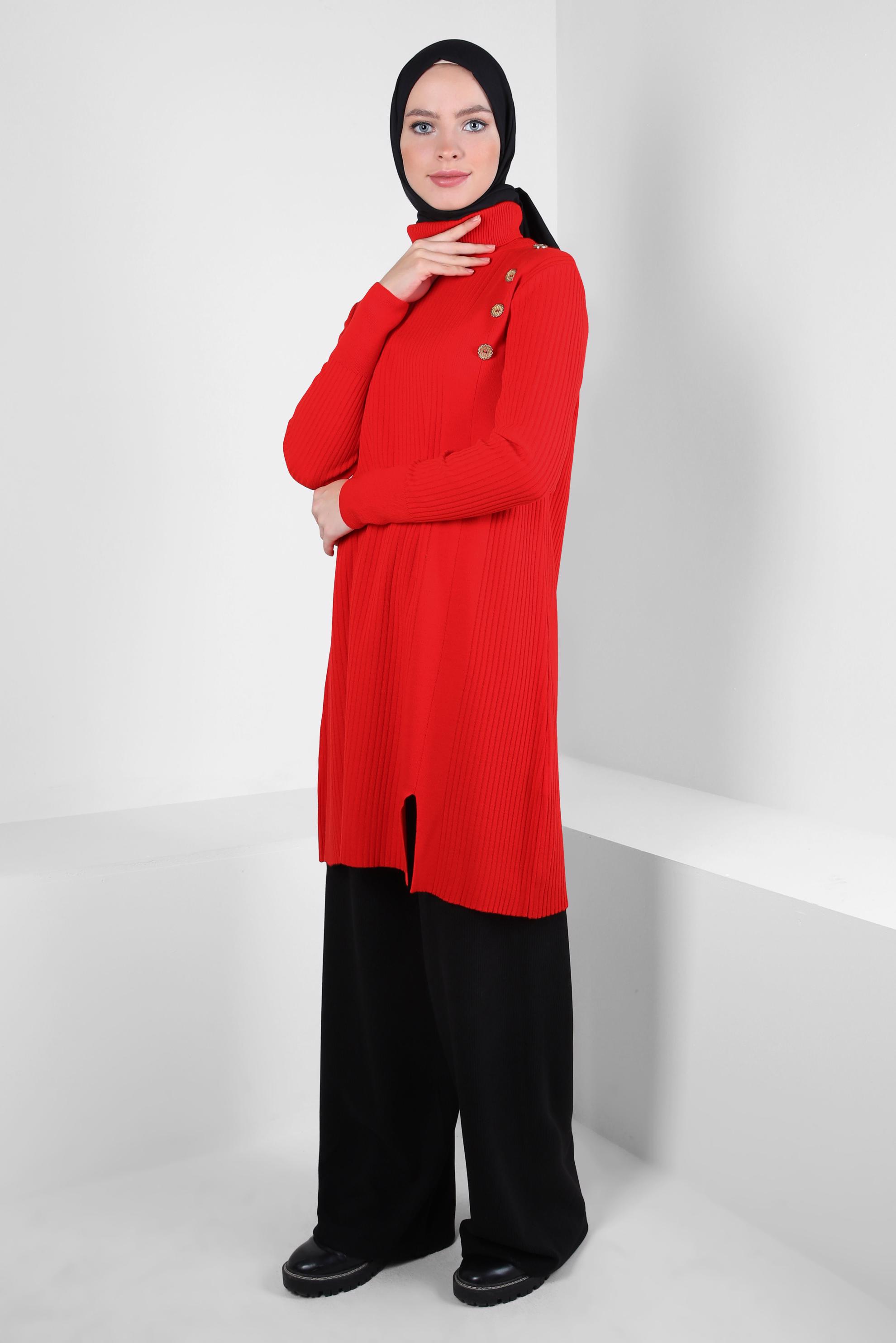 Tesettür giyim KIRMIZI BOĞAZLI YAKA TRİKO TUNİK 44017