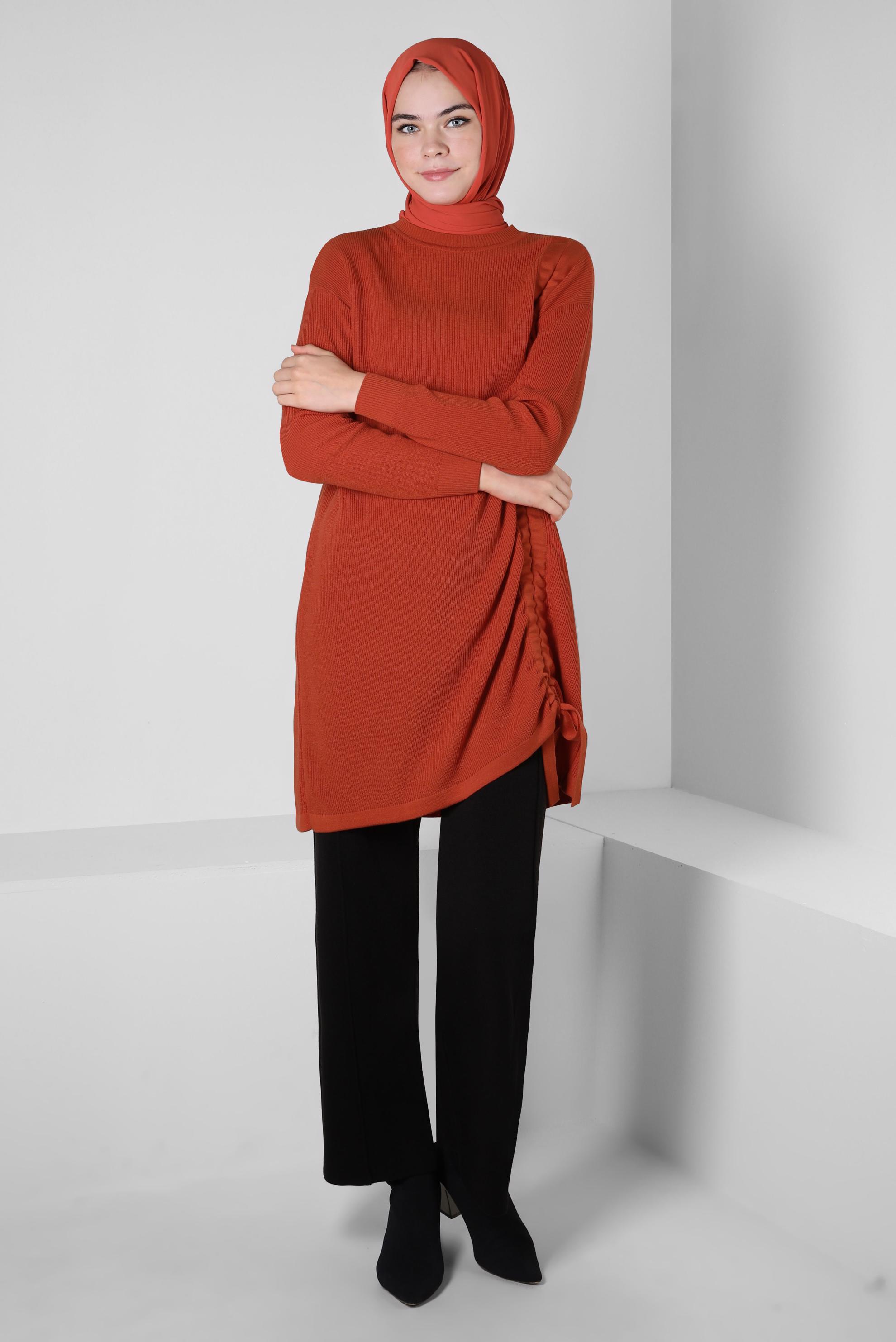 Tesettür giyim TURUNCU YANI BÜZGÜLÜ TRİKO TUNİK 44018