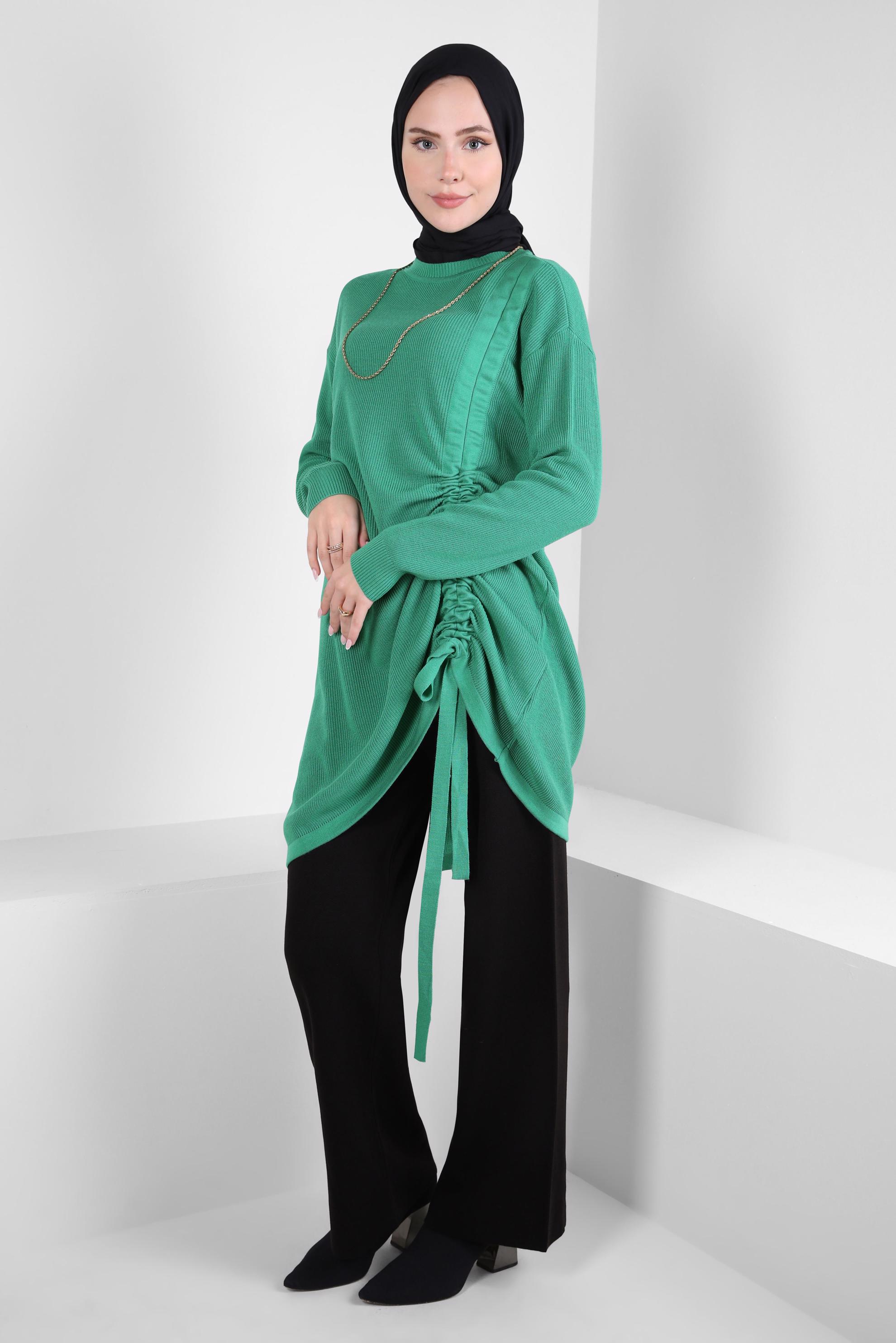 Tesettür giyim YEŞİL YANI BÜZGÜLÜ TRİKO TUNİK 44018