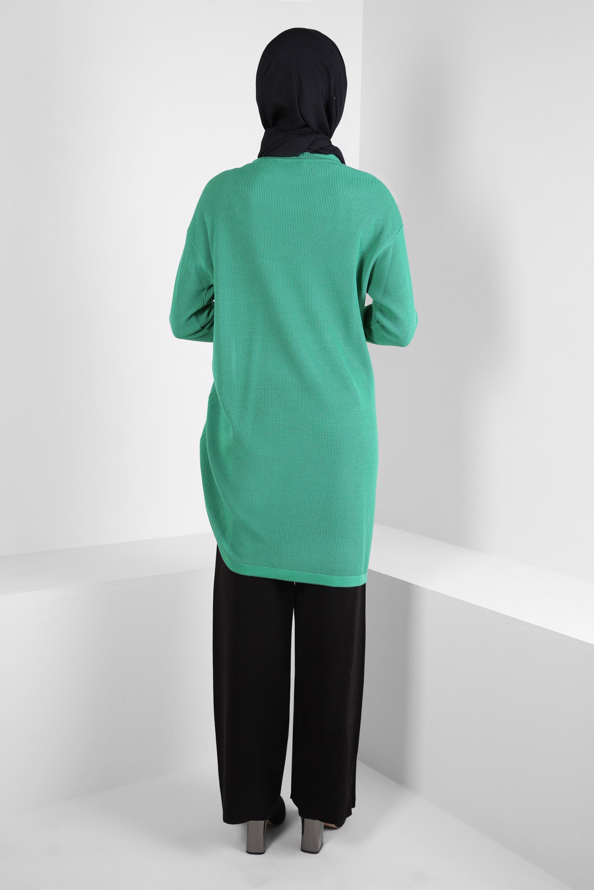 Tesettür giyim YEŞİL YANI BÜZGÜLÜ TRİKO TUNİK 44018