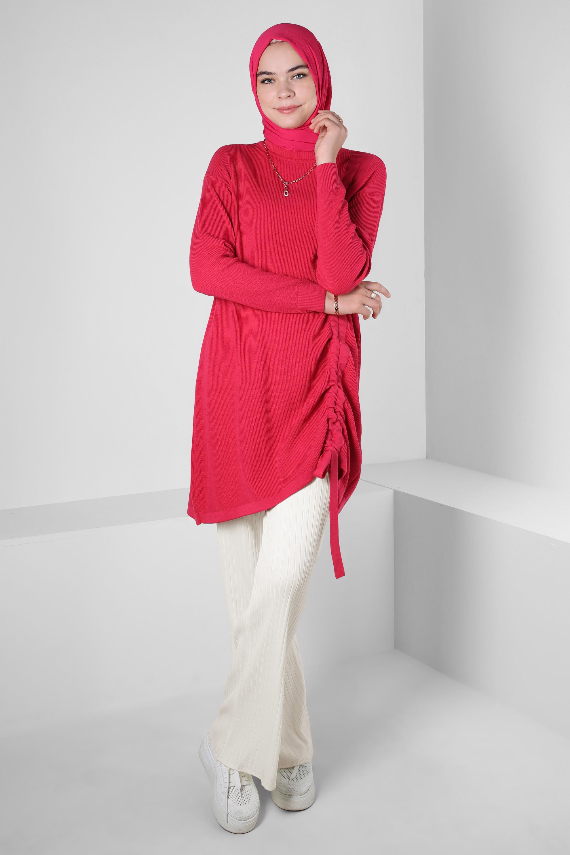 Tesettür giyim FUŞYA YANI BÜZGÜLÜ TRİKO TUNİK 44018