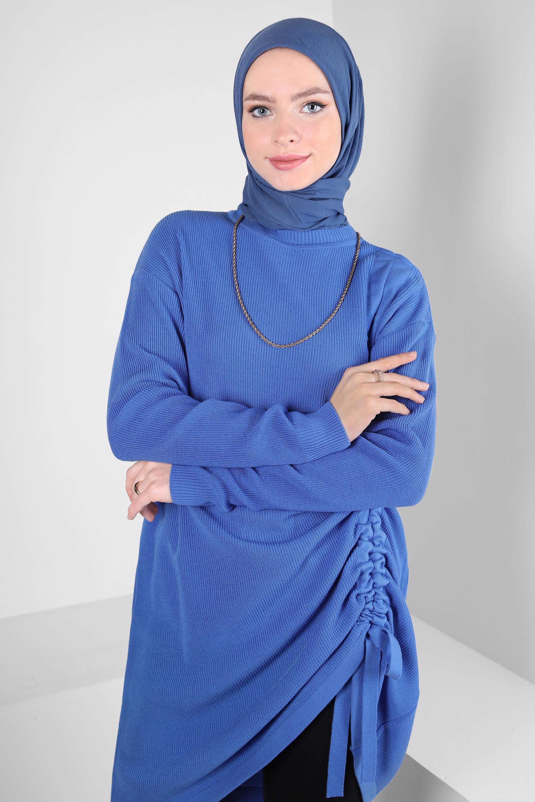Tesettür giyim MAVİ YANI BÜZGÜLÜ TRİKO TUNİK 44018