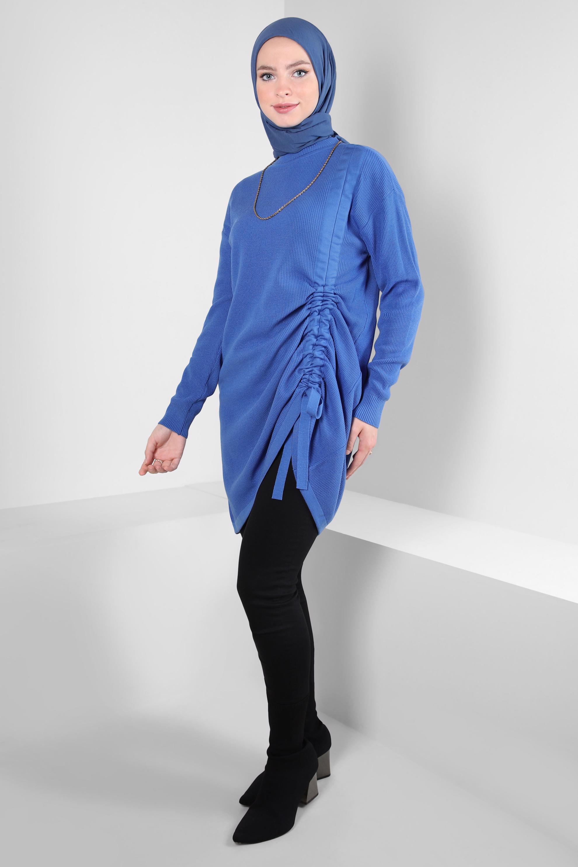 Tesettür giyim MAVİ YANI BÜZGÜLÜ TRİKO TUNİK 44018