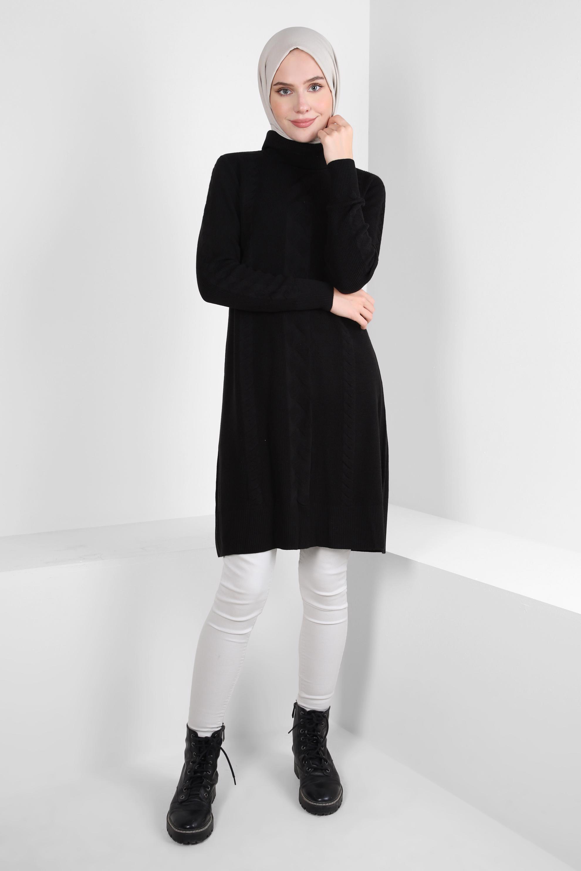 Tesettür giyim SİYAH BOĞAZLI YAKA TRİKO TUNİK 44019