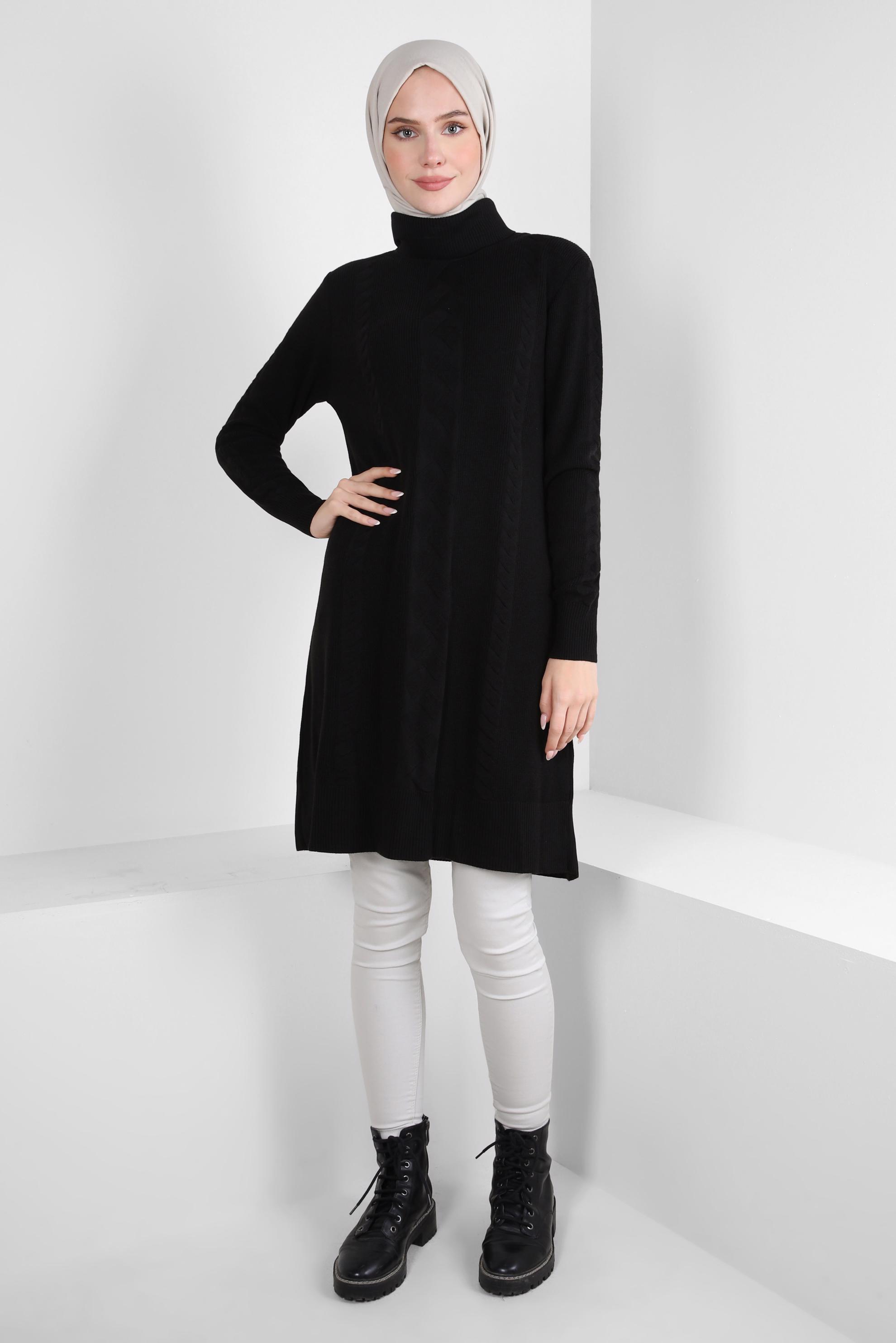 Tesettür giyim SİYAH BOĞAZLI YAKA TRİKO TUNİK 44019