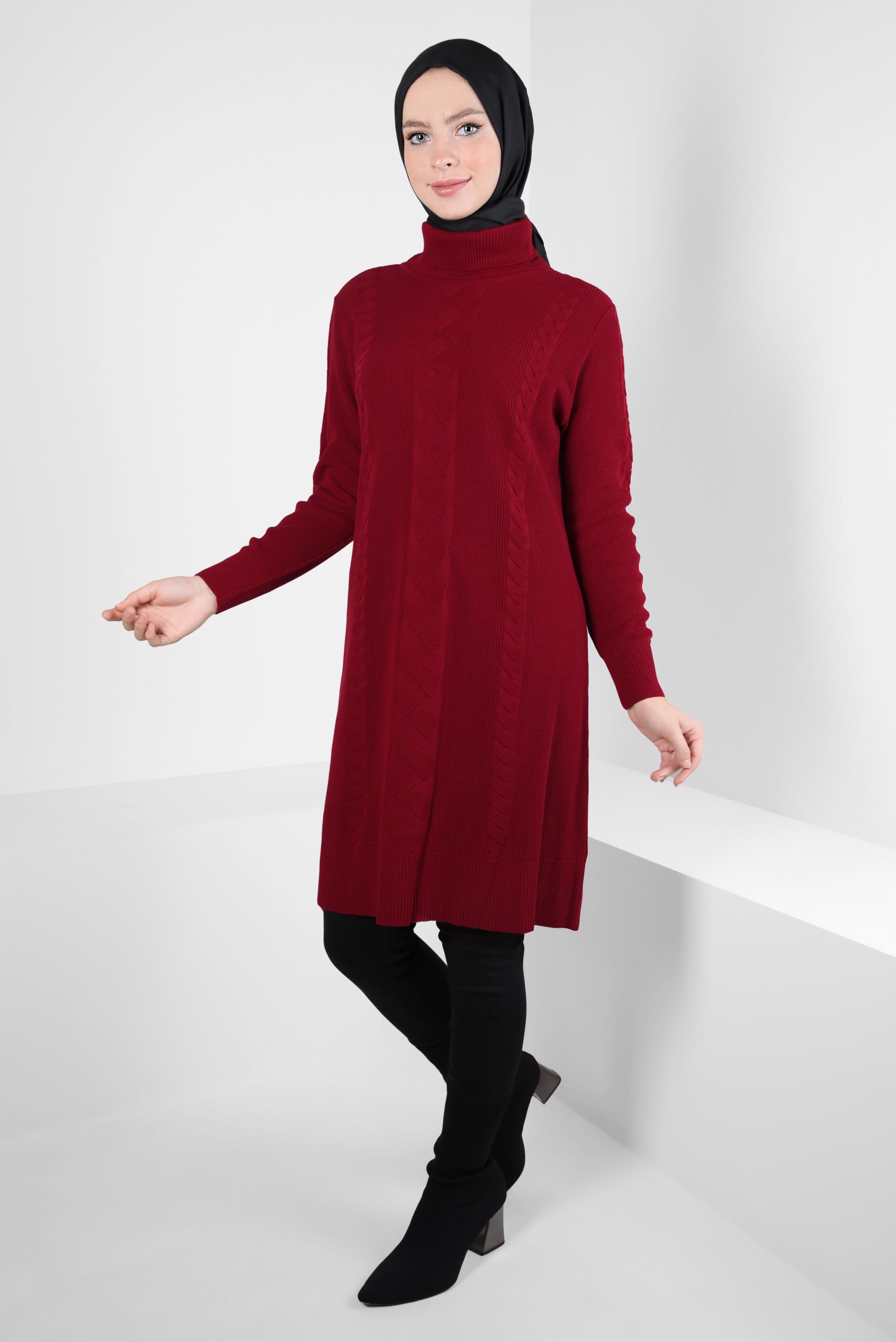 Tesettür giyim KIRMIZI BOĞAZLI YAKA TRİKO TUNİK 44019
