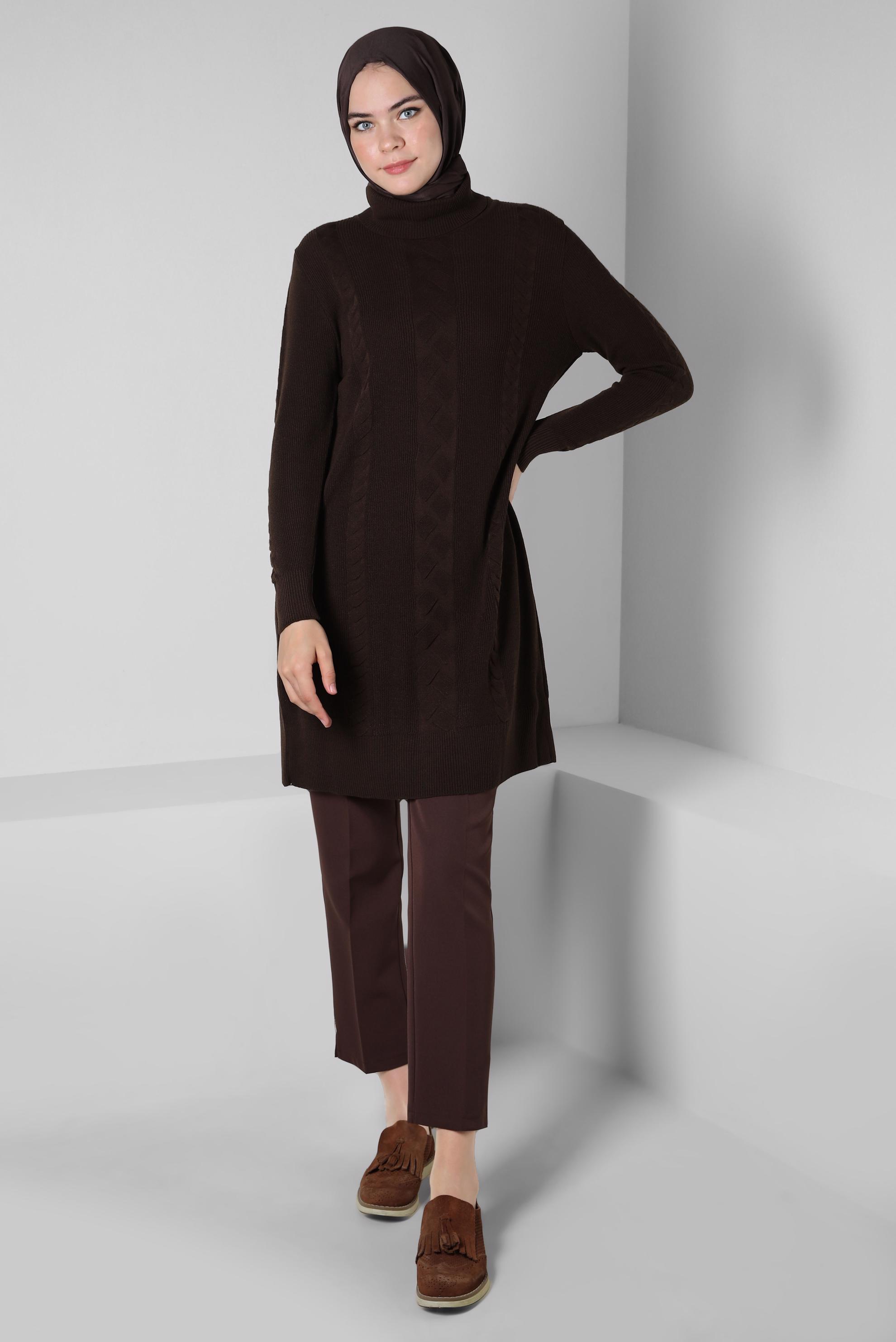 Tesettür giyim KAHVE BOĞAZLI YAKA TRİKO TUNİK 44019