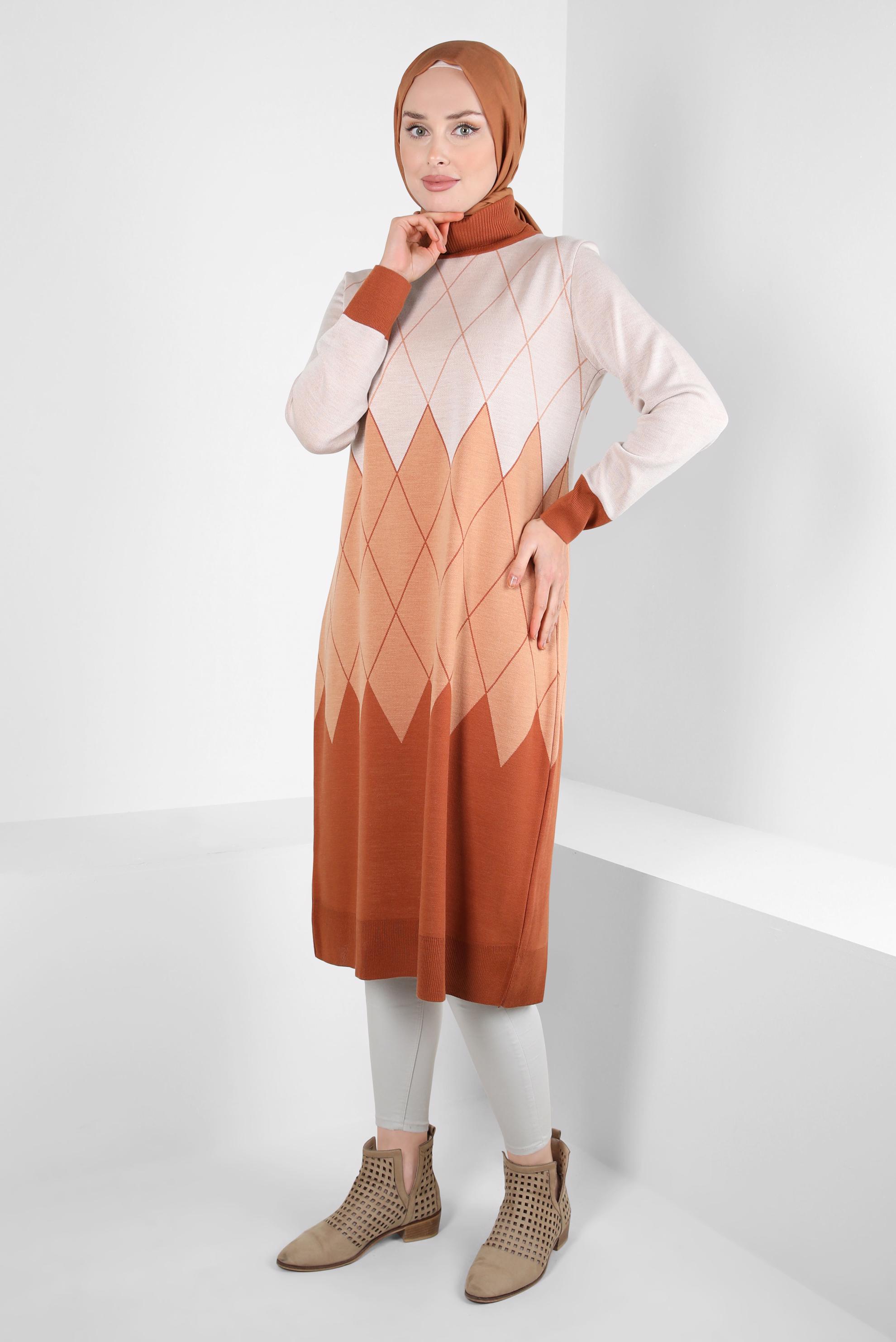 Tesettür giyim TURUNCU BAKLAVA DESENLİ TRİKO TUNİK 44021
