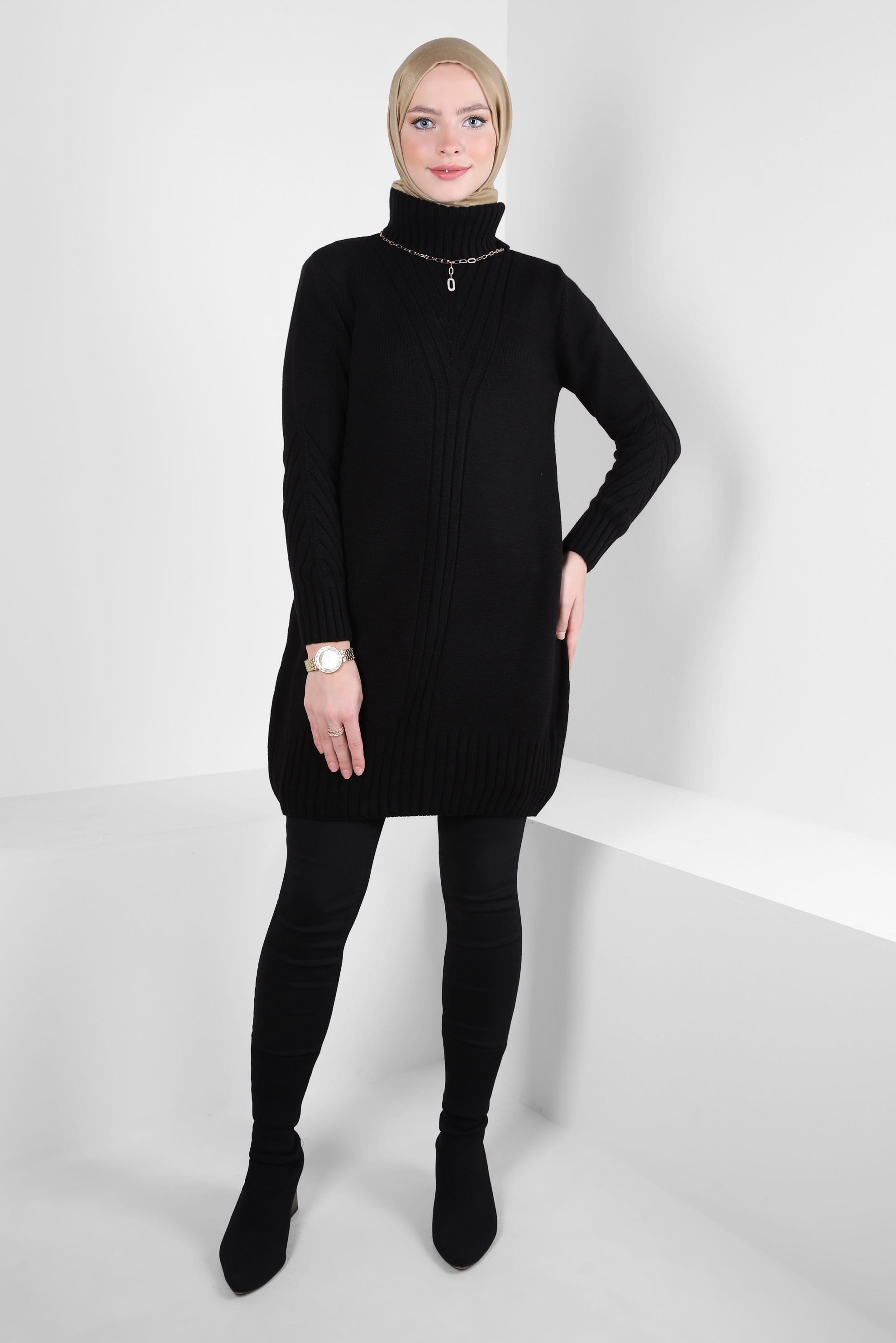 Tesettür giyim SİYAH BOĞAZLI YAKA TRİKO TUNİK 44026