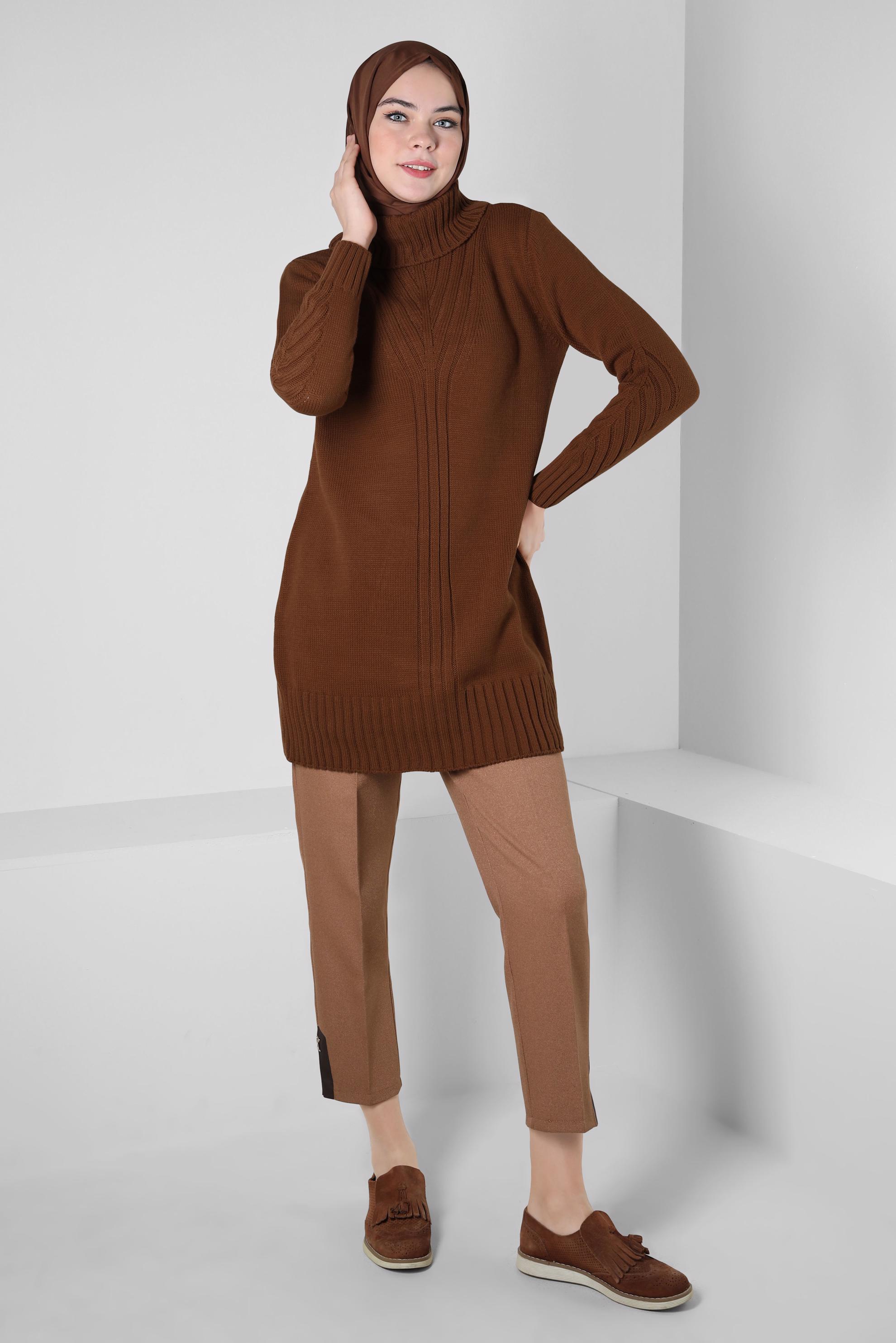 Tesettür giyim TABA BOĞAZLI YAKA TRİKO TUNİK 44026