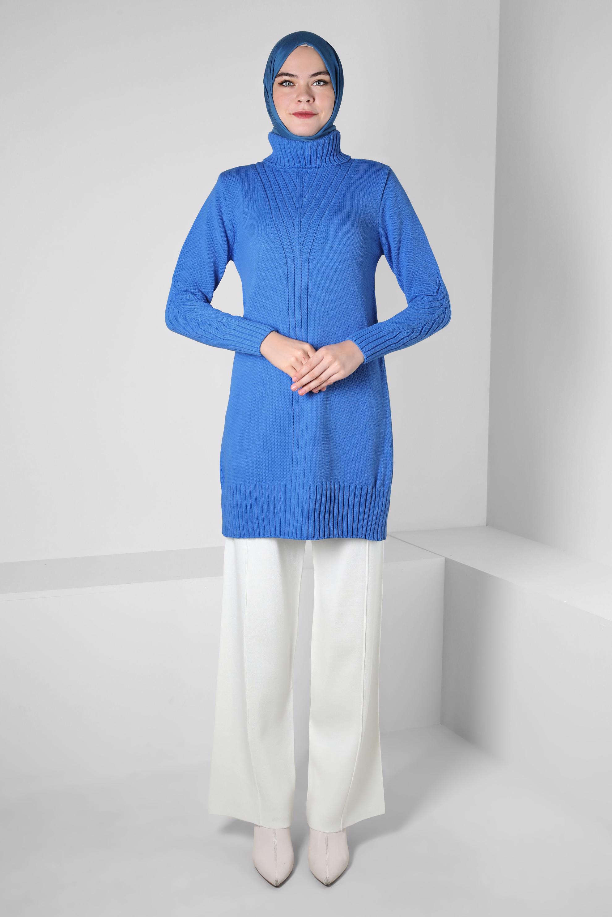 Tesettür giyim MAVİ BOĞAZLI YAKA TRİKO TUNİK 44026