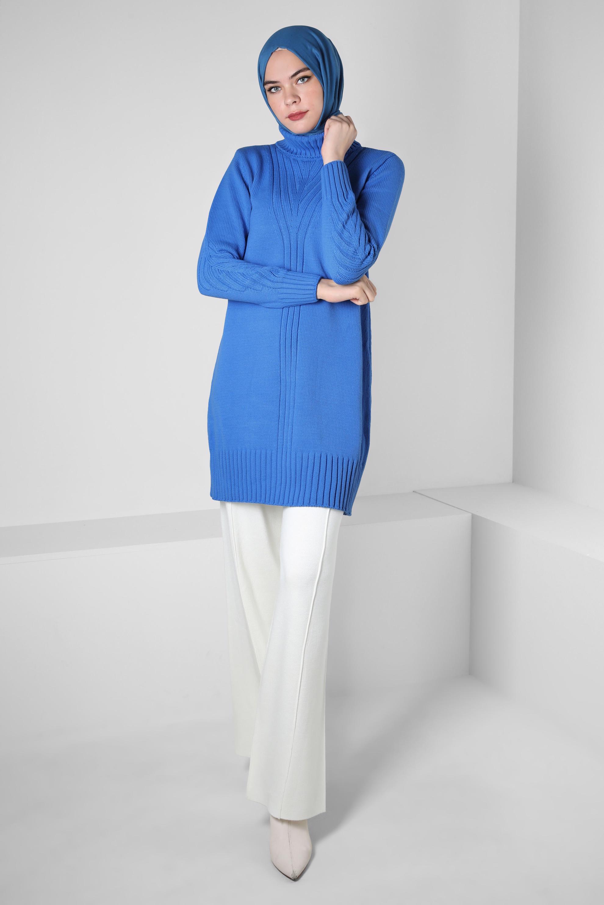 Tesettür giyim MAVİ BOĞAZLI YAKA TRİKO TUNİK 44026