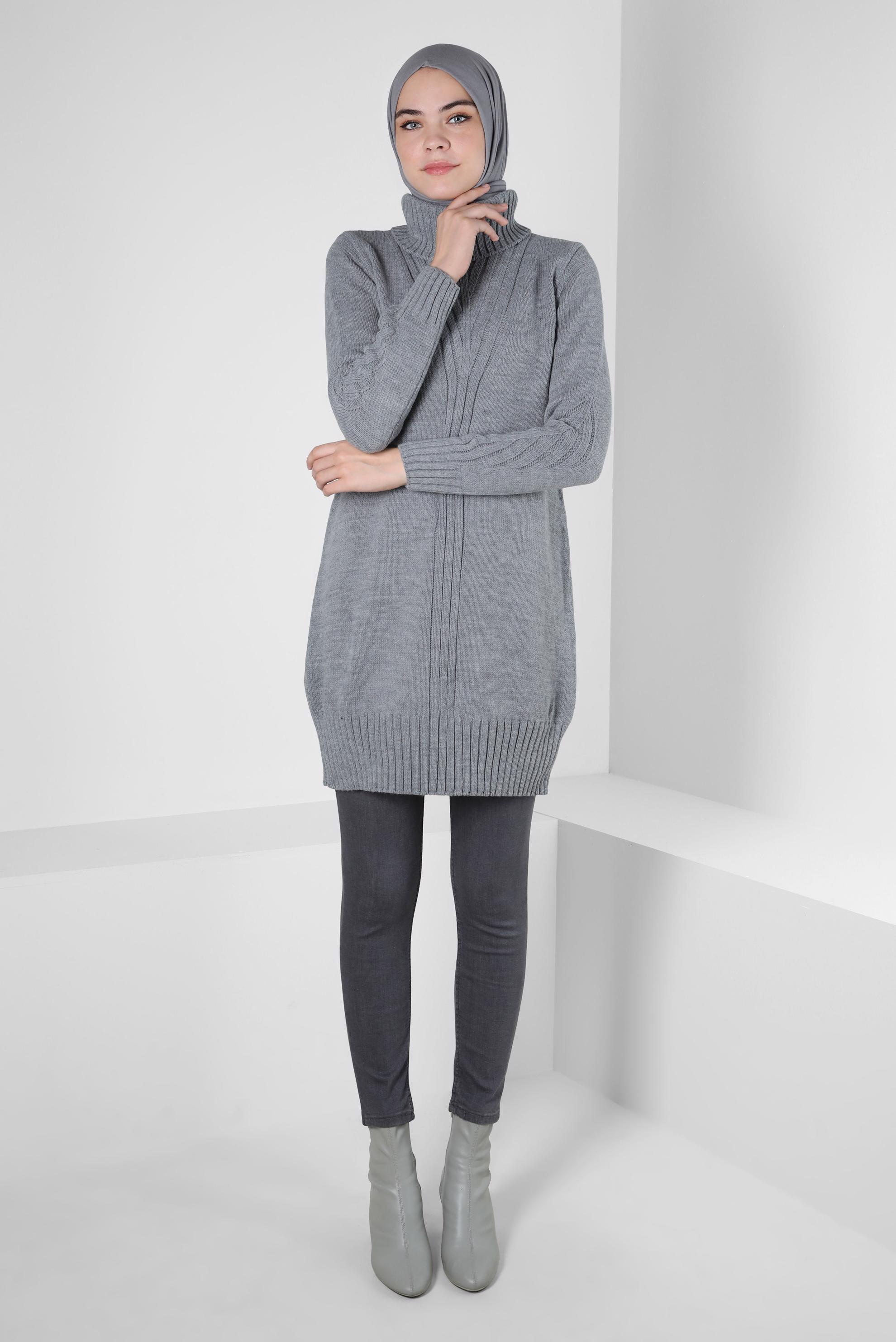 Tesettür giyim GRİ BOĞAZLI YAKA TRİKO TUNİK 44026