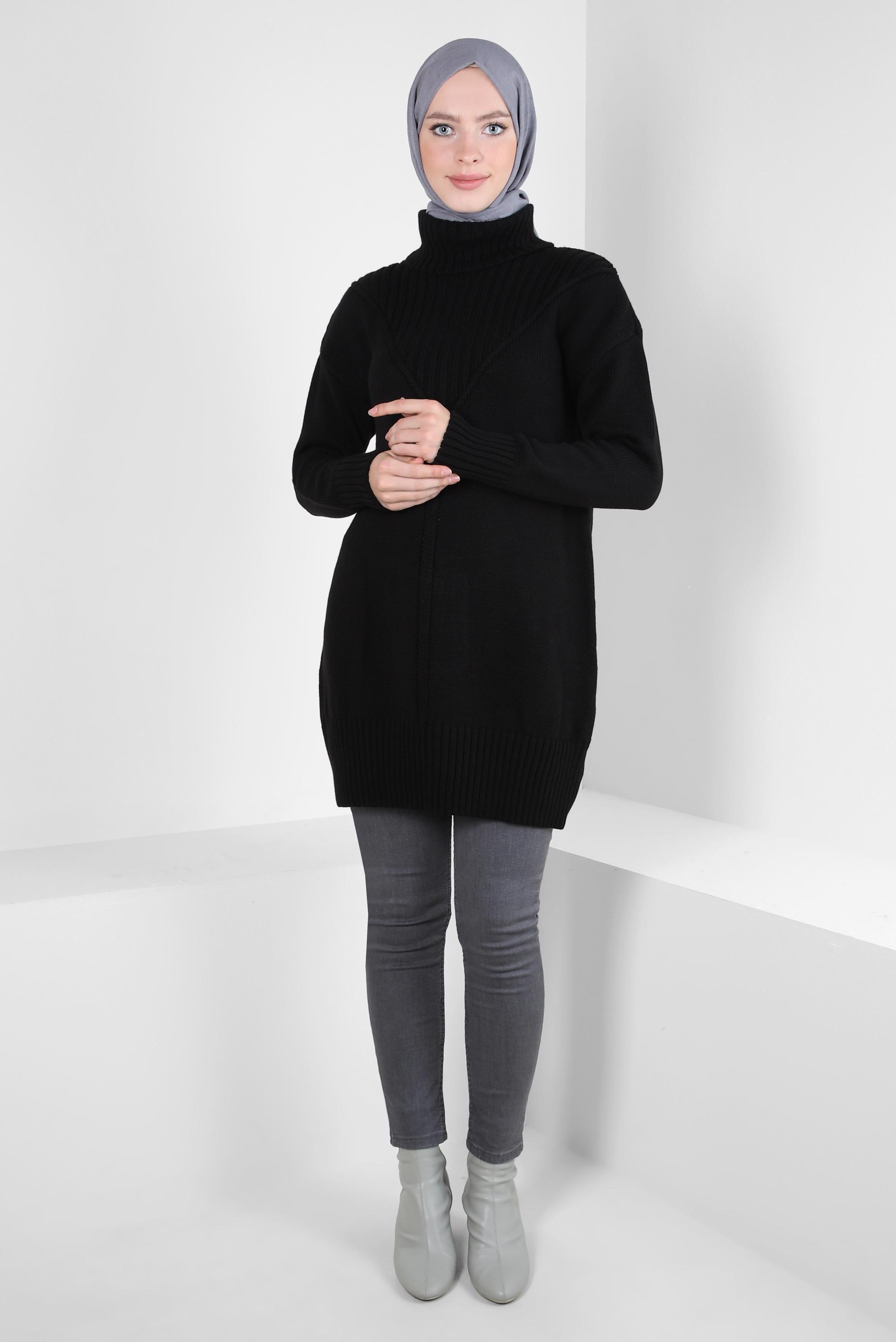 Tesettür giyim SİYAH BOĞAZLI YAKA TRİKO TUNİK 44031