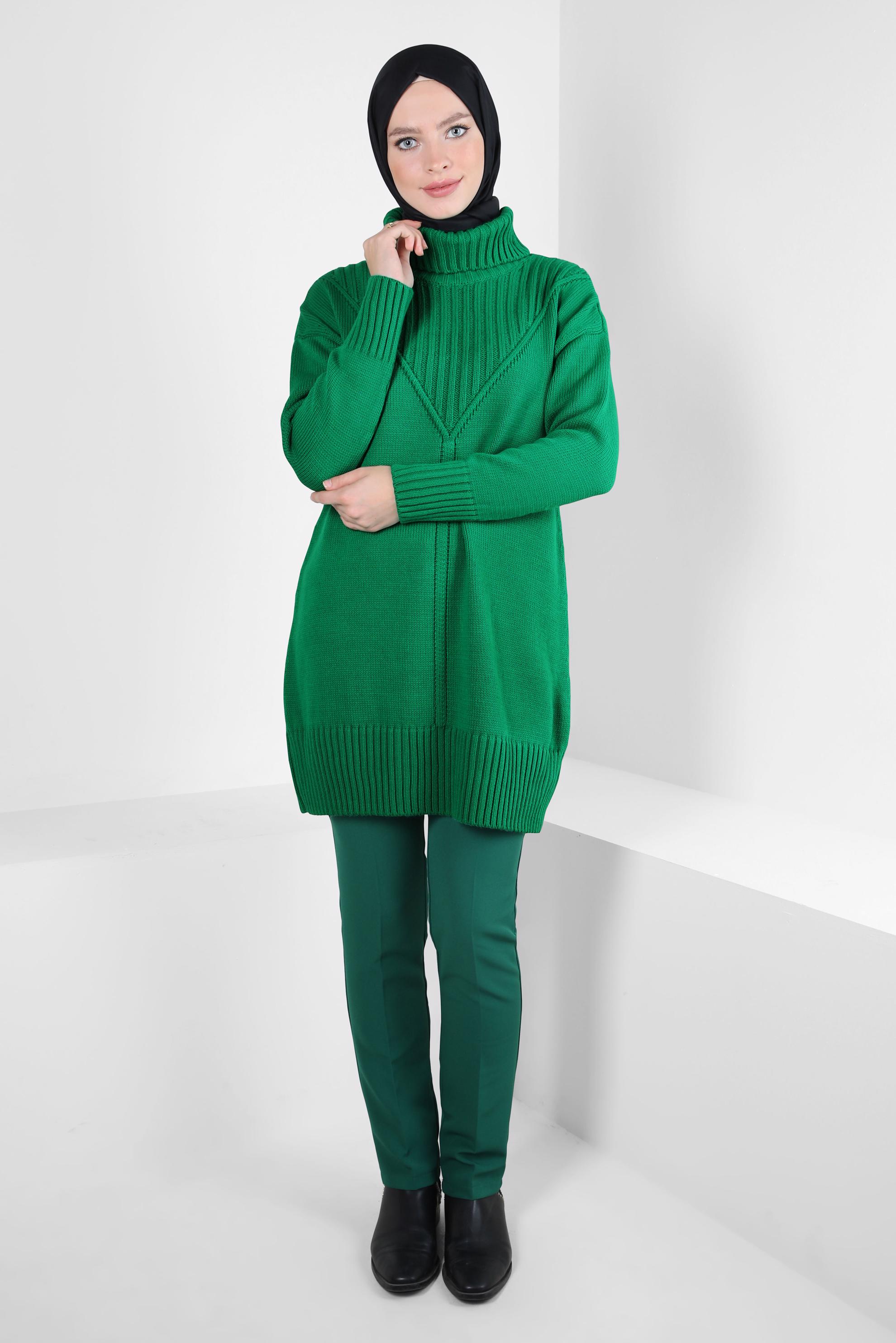 Tesettür giyim YEŞİL BOĞAZLI YAKA TRİKO TUNİK 44031