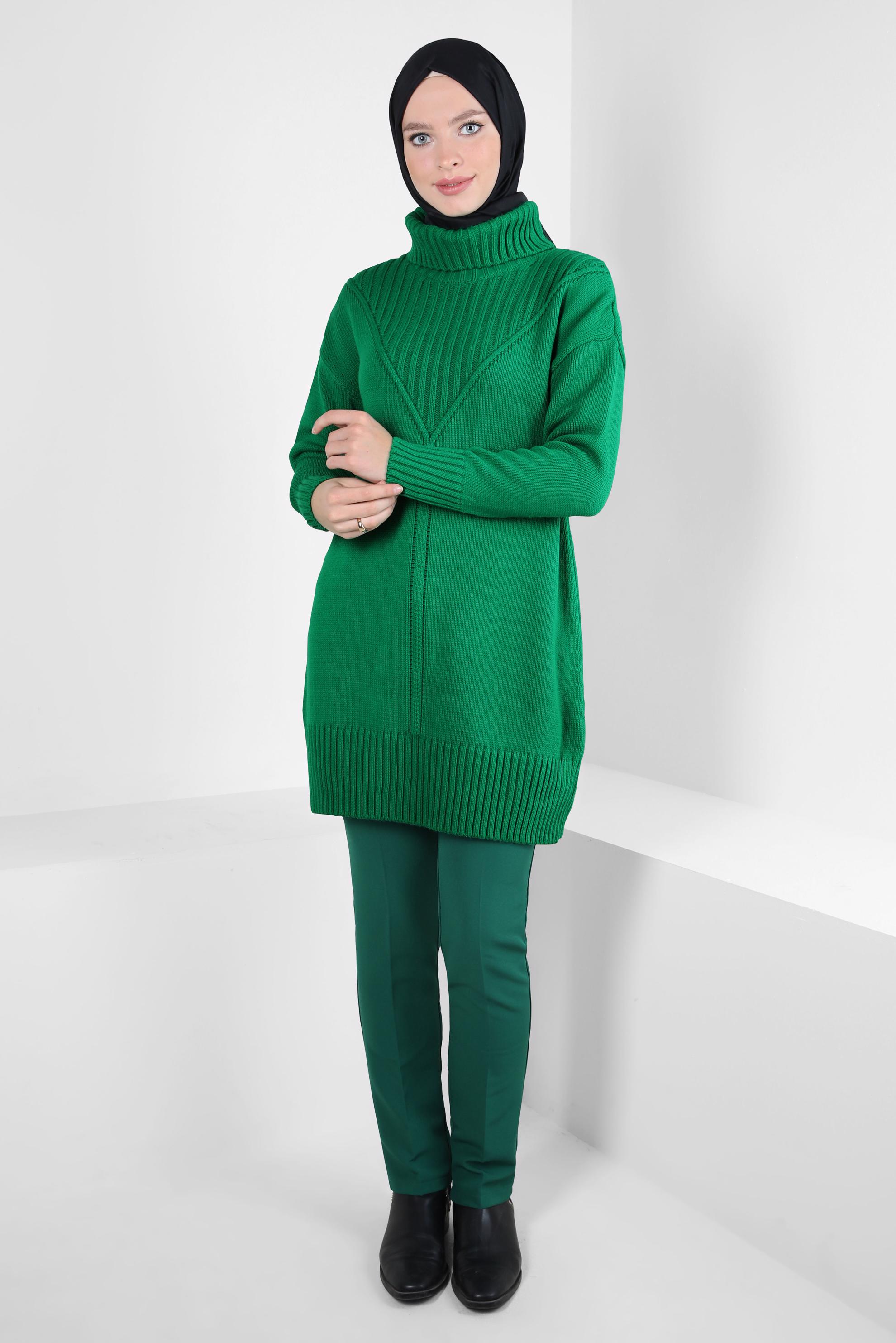 Tesettür giyim YEŞİL BOĞAZLI YAKA TRİKO TUNİK 44031
