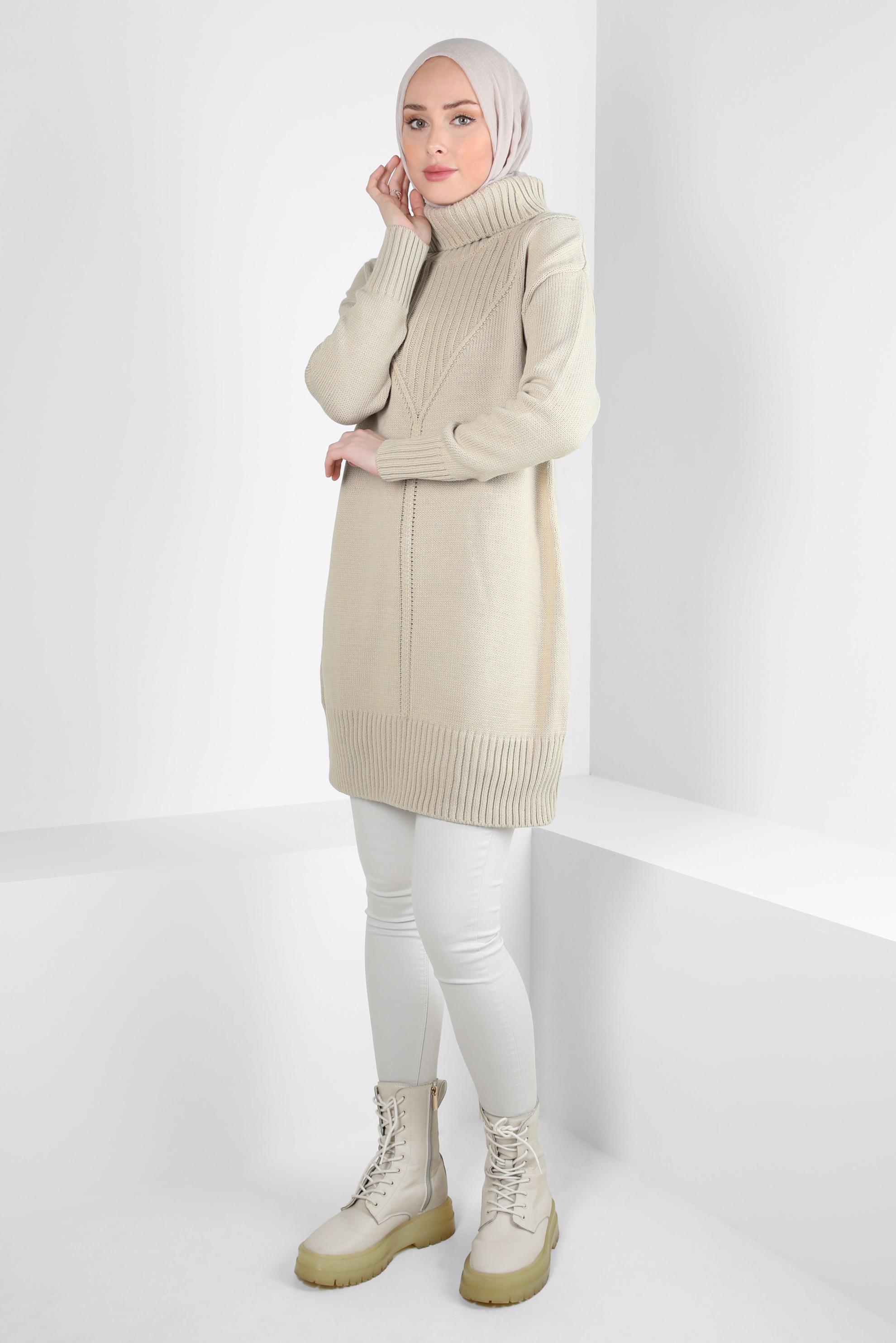 Tesettür giyim BEJ BOĞAZLI YAKA TRİKO TUNİK 44031