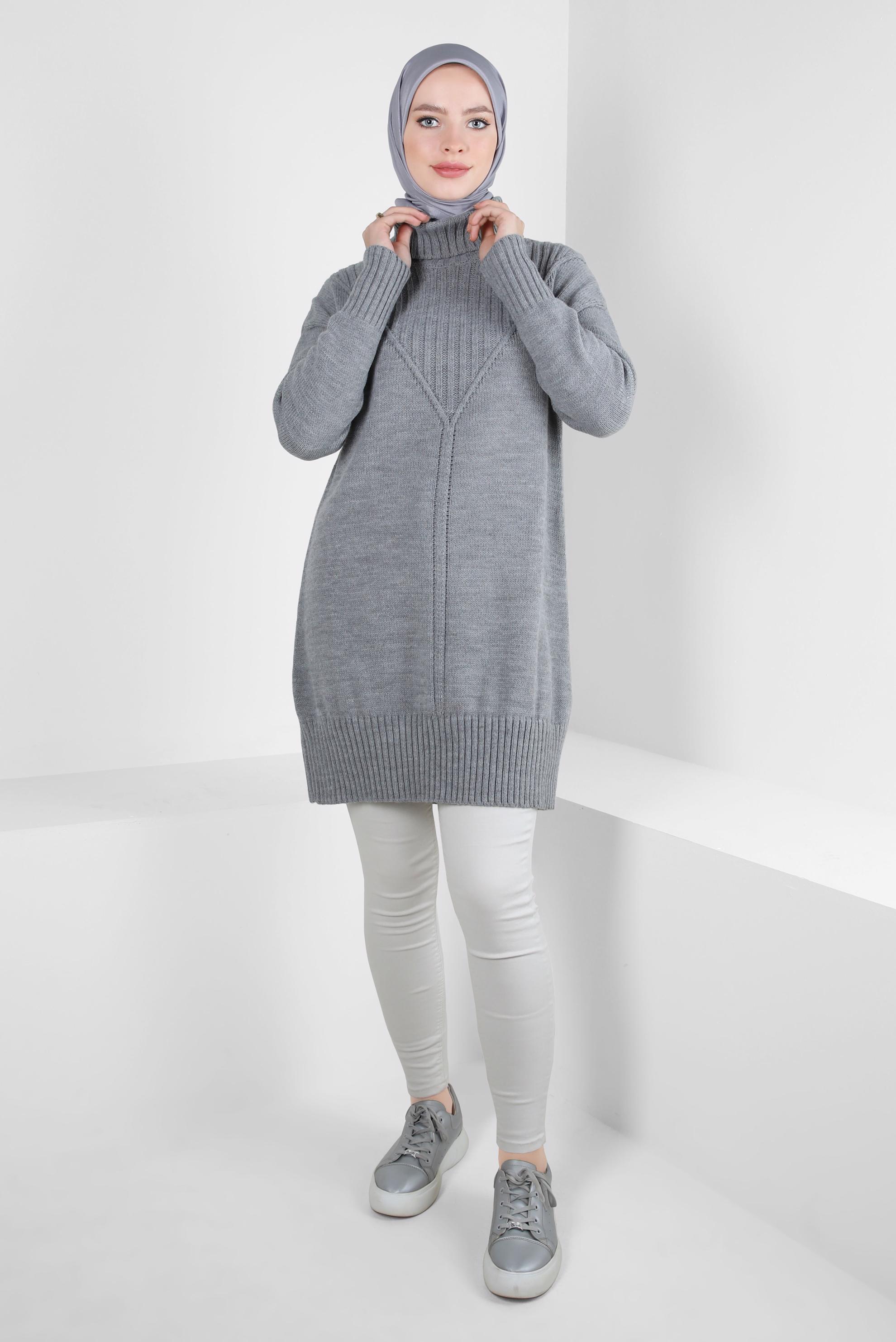 Tesettür giyim GRİ BOĞAZLI YAKA TRİKO TUNİK 44031