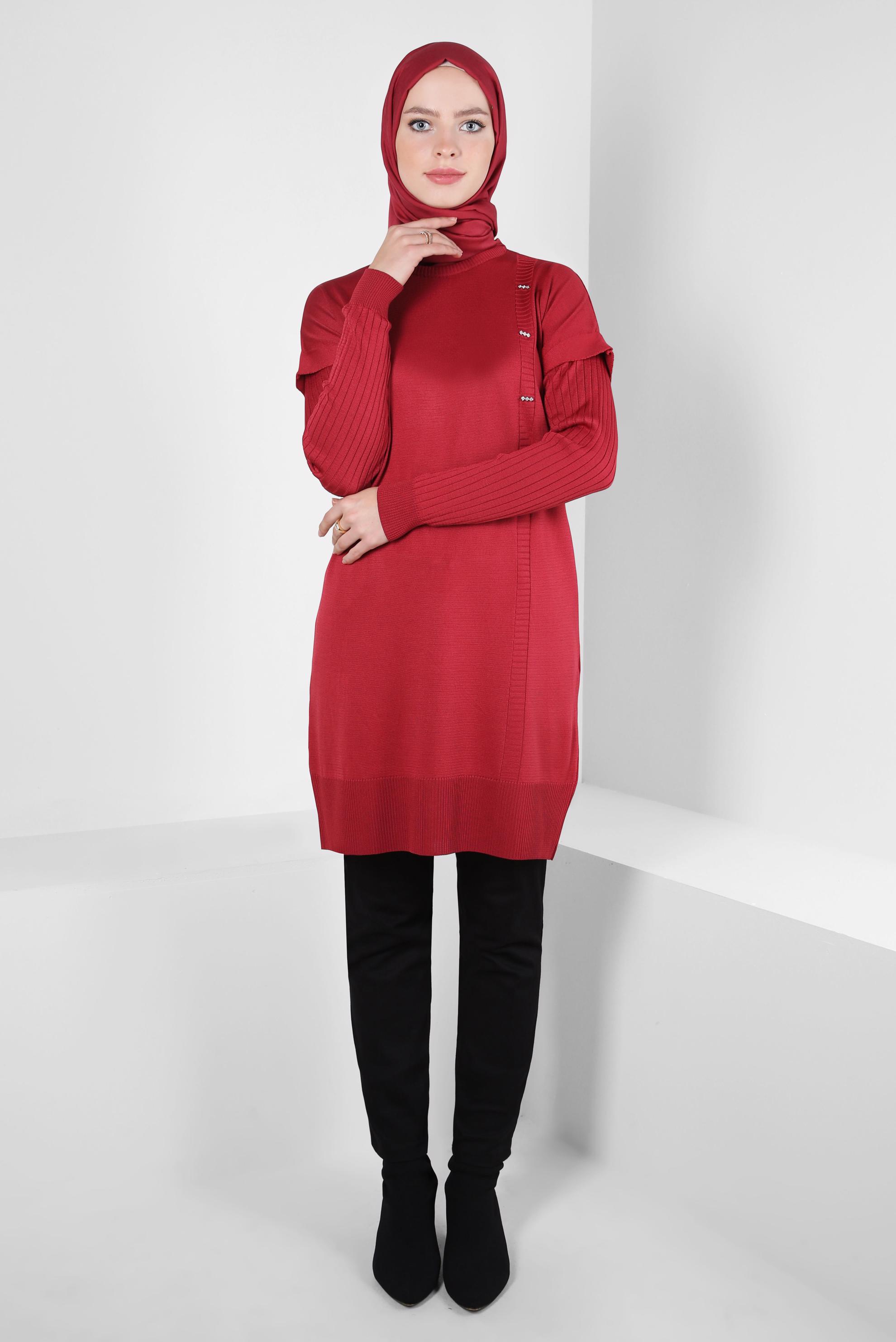 Tesettür giyim KIRMIZI TRİKO TUNİK 44054